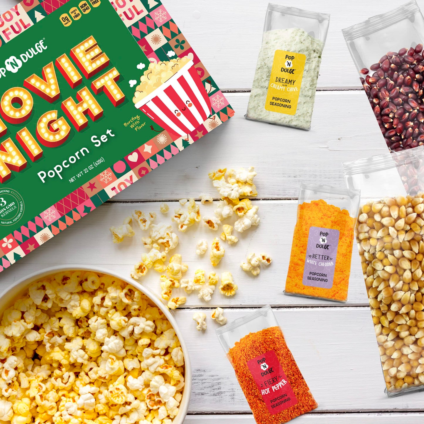 Movie Night Christmas Gifts - Holiday Popcorn Gift Baskets Gift Sets - 5 Non-GMO Gourmet Kernels and 5 Popcorn Flavoring - Perfe