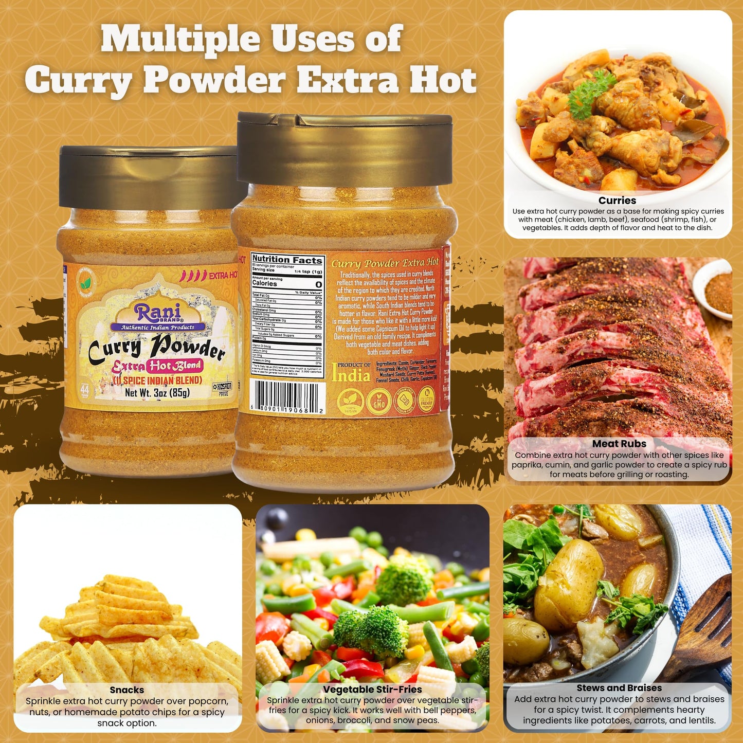 Rani Curry Powder Extra Hot (11-Spice Authentic Indian Blend) 3Oz (85G) Pet Jar ~ All Natural | Salt-Free | Vegan | No Colors |