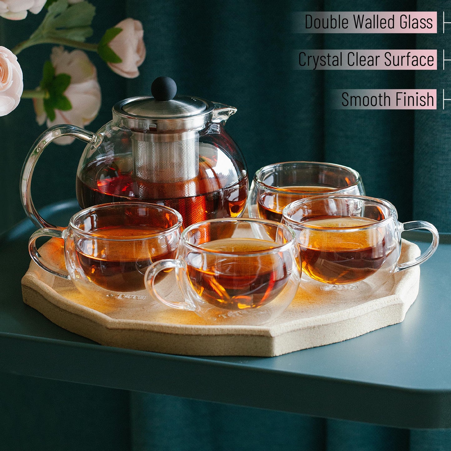 Btat- Glass Tea Pot Set, Set Of 4, Double Wall Glass Tea Cup And Kettle With Infuser, Christmas Gifts