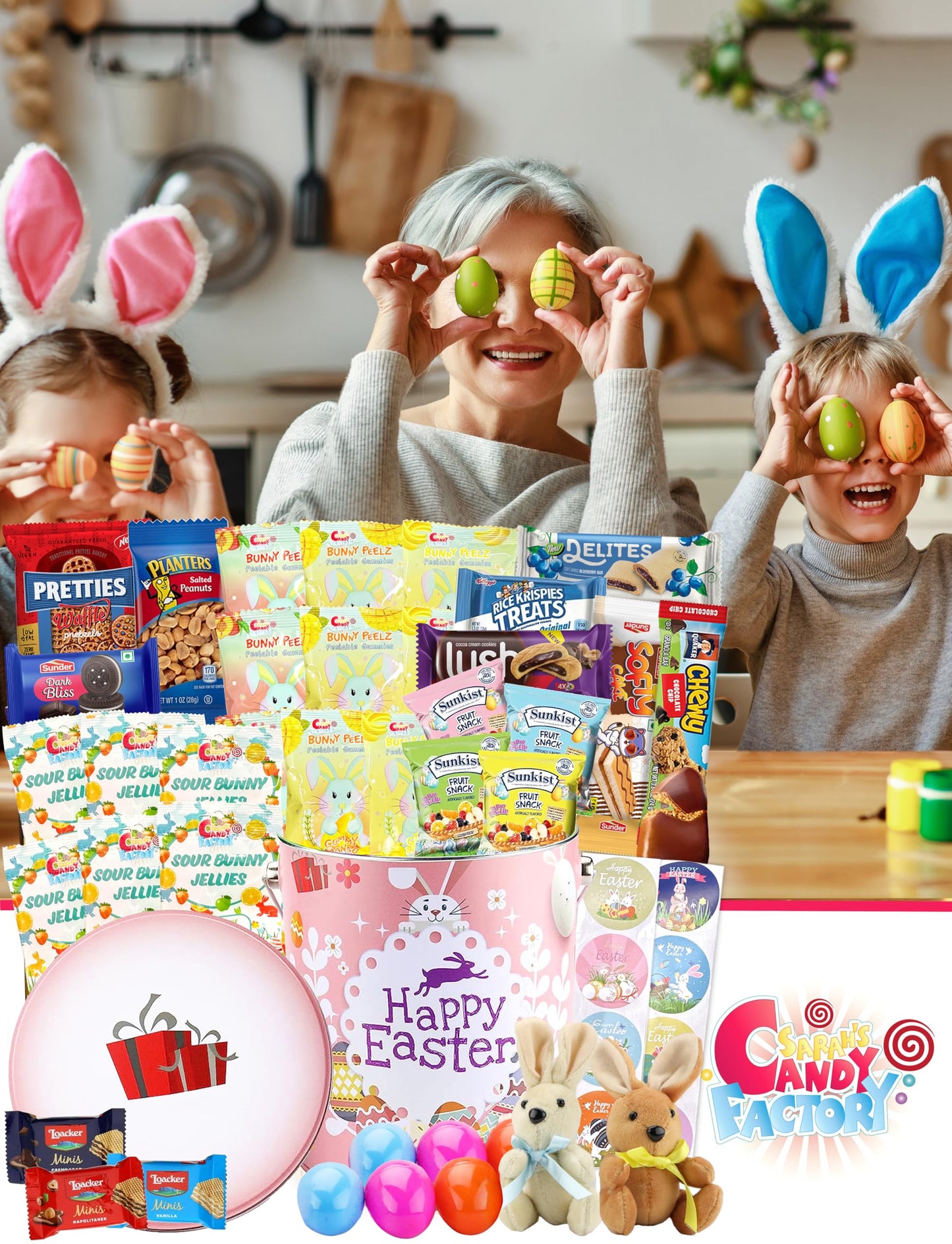 Easter Snack Pink Tin (48 Count) Filled With Candy, Peelable Gummies,Bunny And More, Great Package For Family, Friends, Boys And