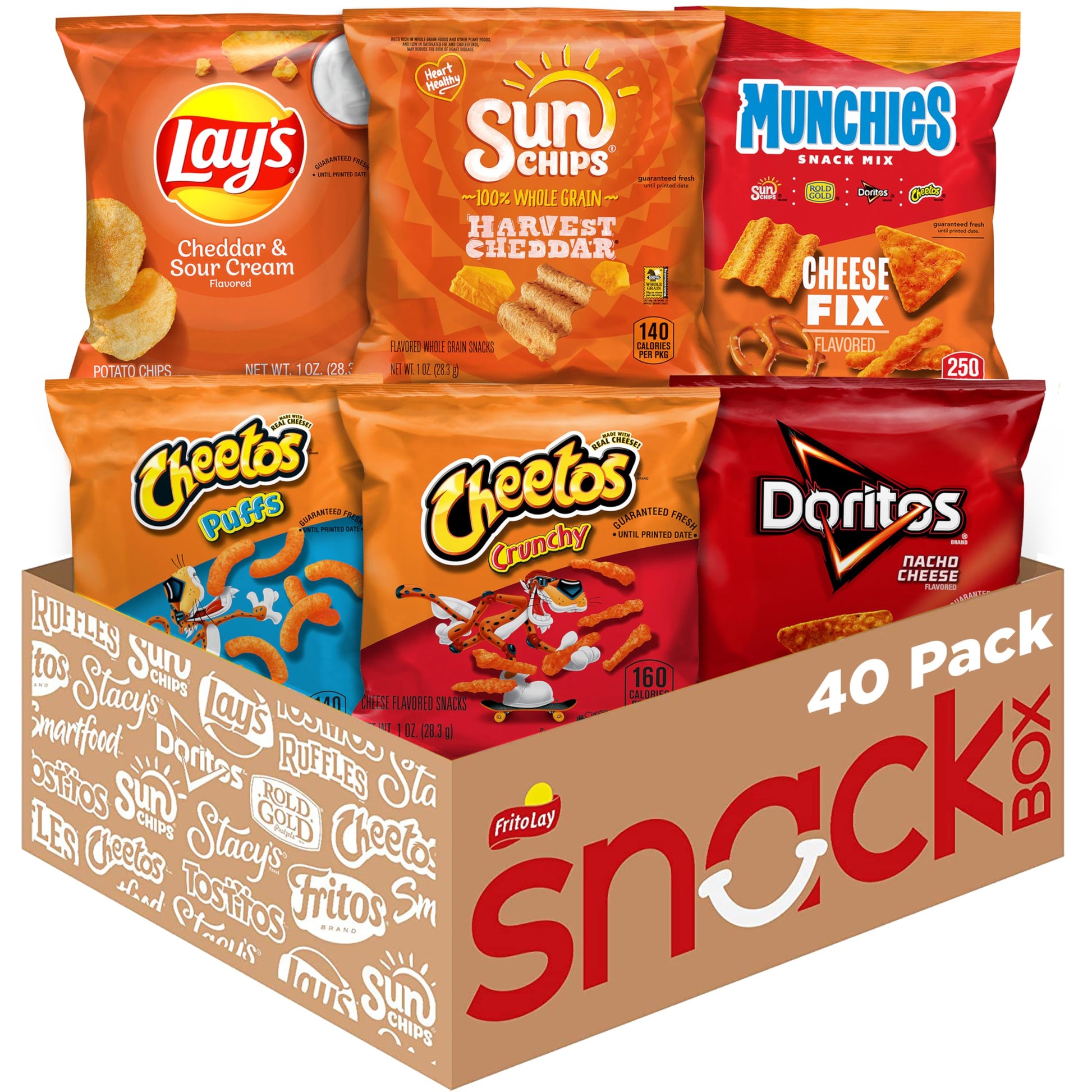Frito-Lay Cheesy Mix 6 Flavor Variety Pack, Single Serve Bags (40 Pack), Doritos, Cheetos, Lays, Munchies, SunChips