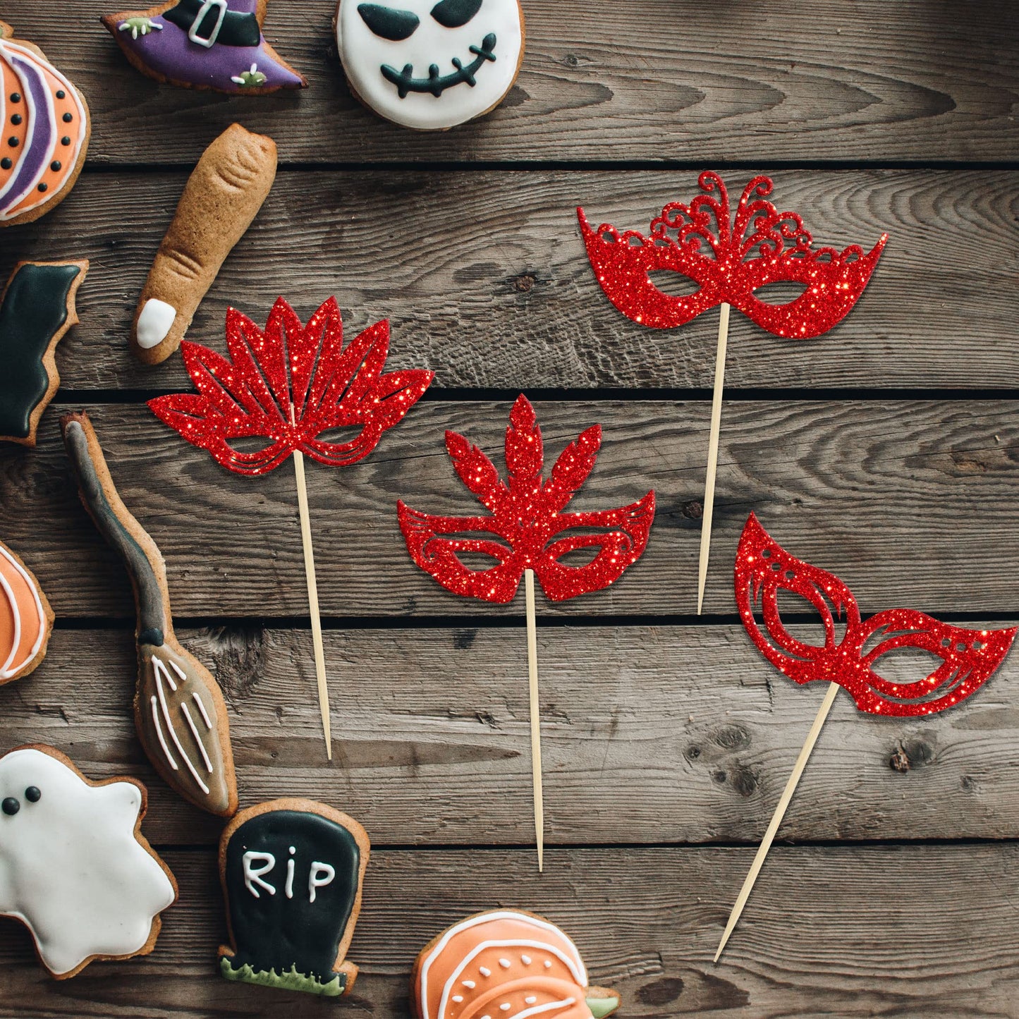 24Pcs Masquerade Masks Cupcake Toppers Red Glitter Mask Cupcake Picks For Masquerade Mardi Gras Party Baby Shower Birthday Weddi