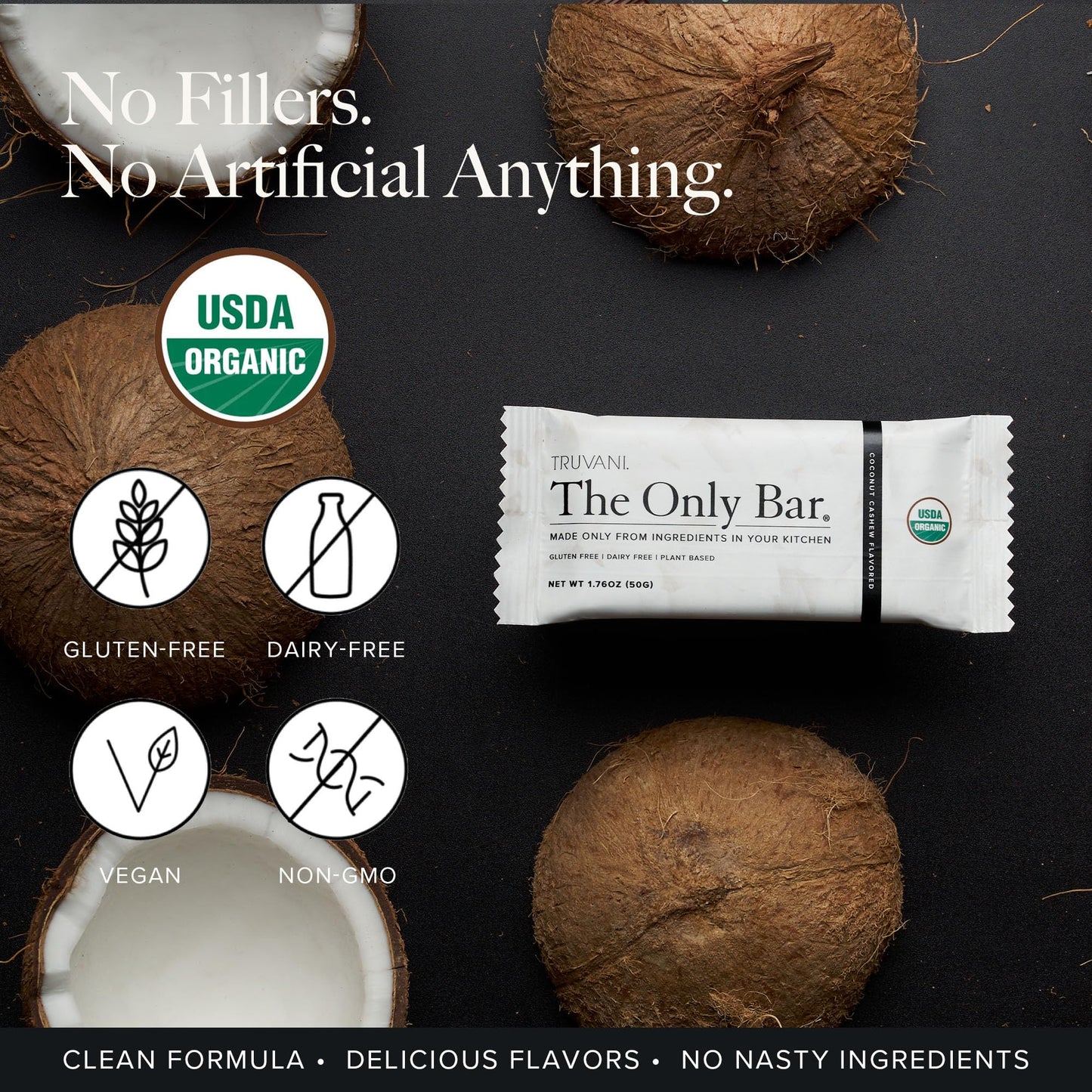 Truvani Plant Based Snack Bar | Coconut Cashew 12 Pack | 5g Protein | USDA Organic and Vegan | The Only Bar | Dairy, Soy, and Gl