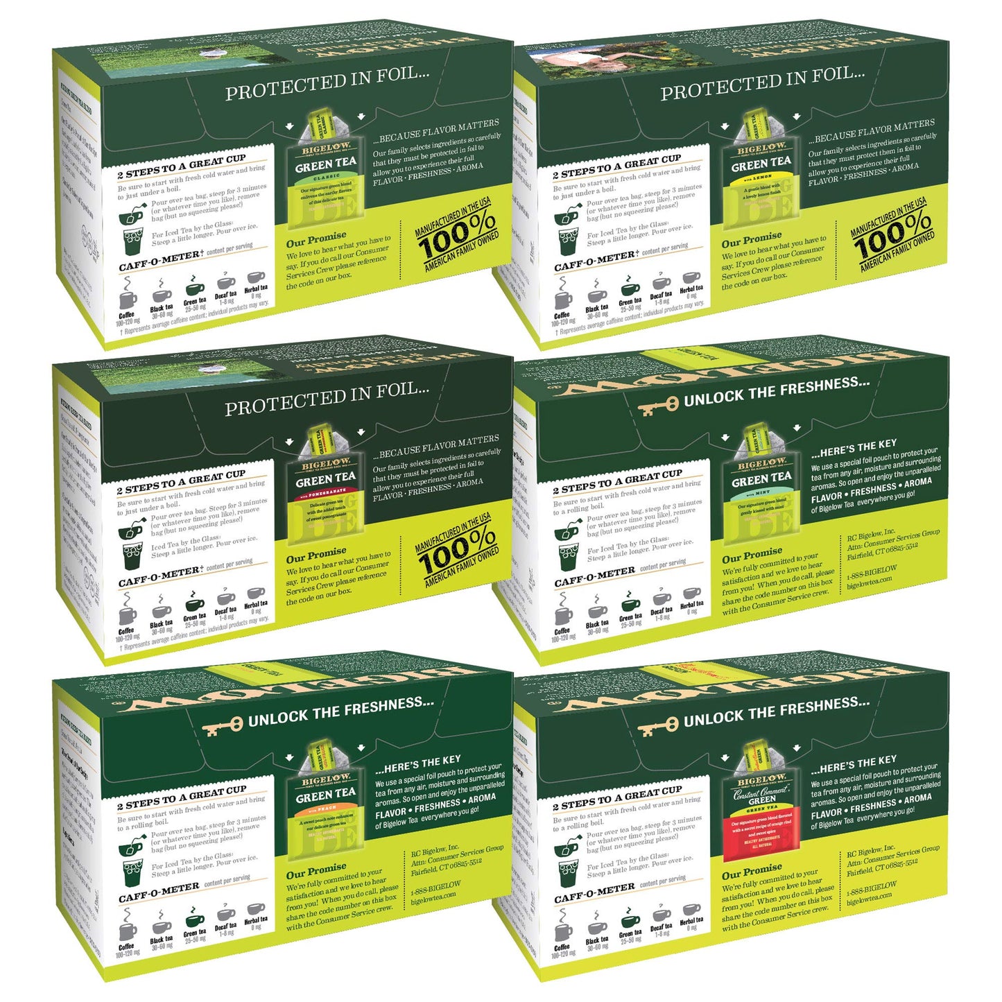 Bigelow Tea Green Tea Variety Pack, Classic Green Tea, Lemon, Pomegranate, Mint, Peach And Constant Comment Flavors, 20 Count Box (Pack Of 6), 120 Total Tea Bags