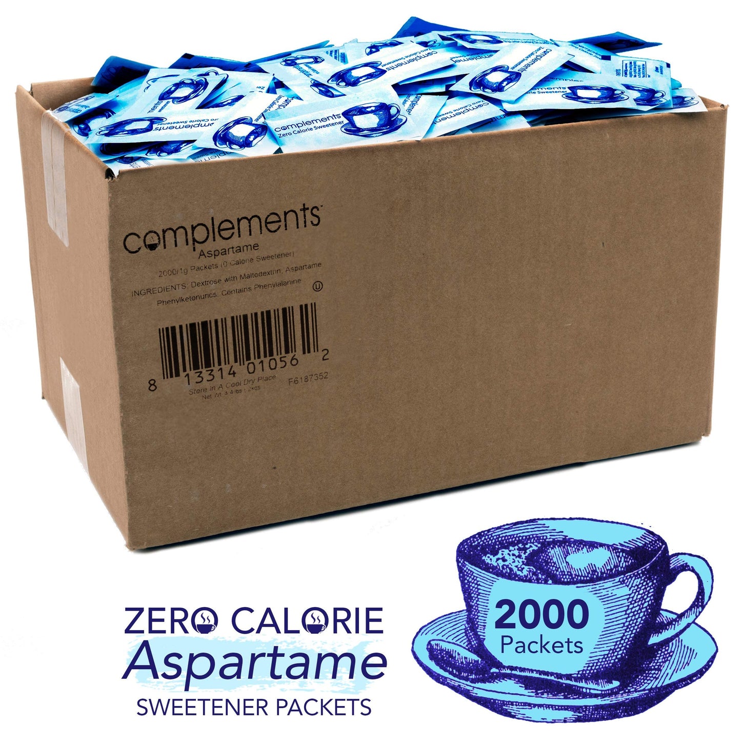 Complements Zero Calorie Aspartame Blue Sweetener Packets, 2000 Count