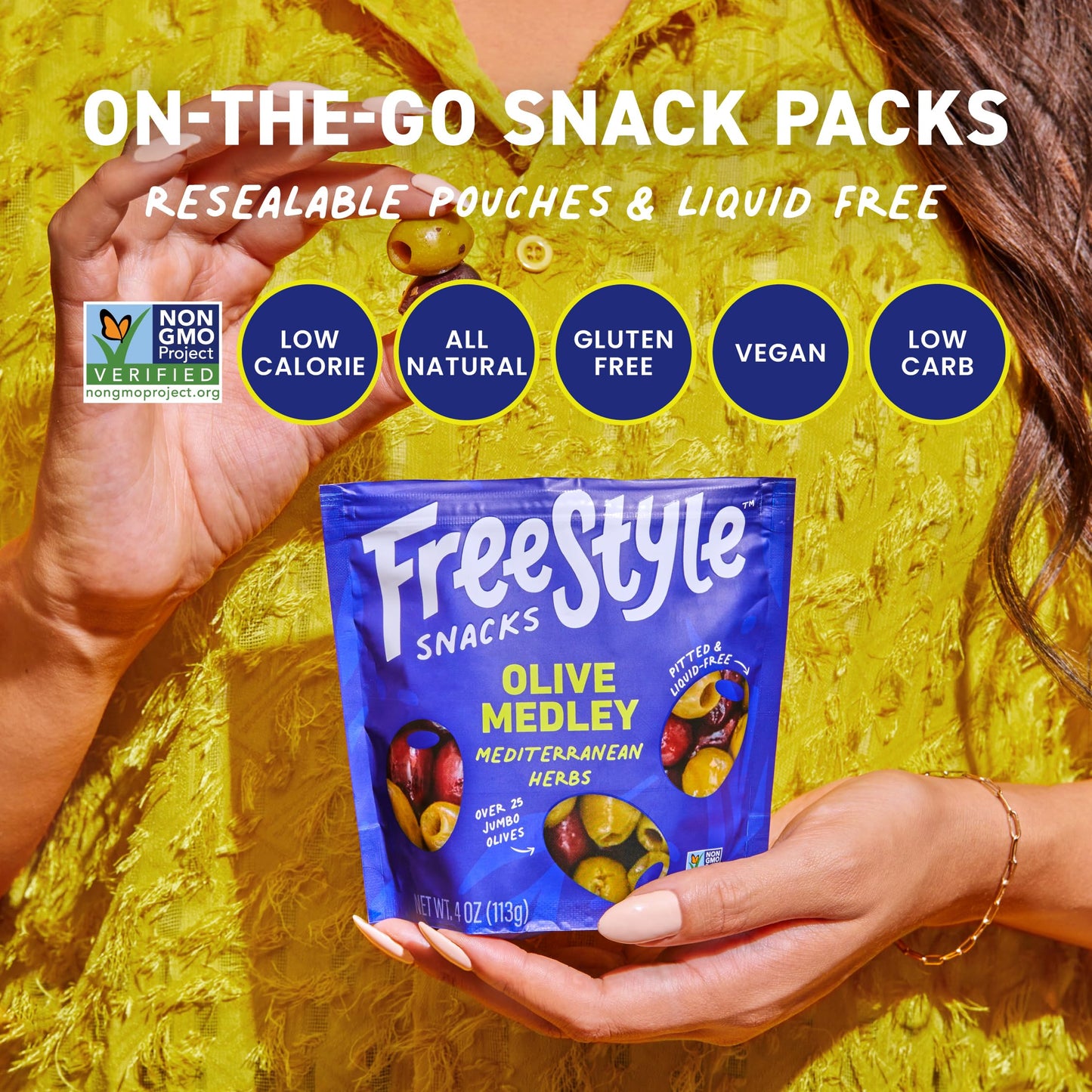 Freestyle Snacks Olive Snack Packs - Fresh Pitted Green & Kalamata Olives, 5 Flavors, Jumbo-Sized, Grown In Greece, All Natural,