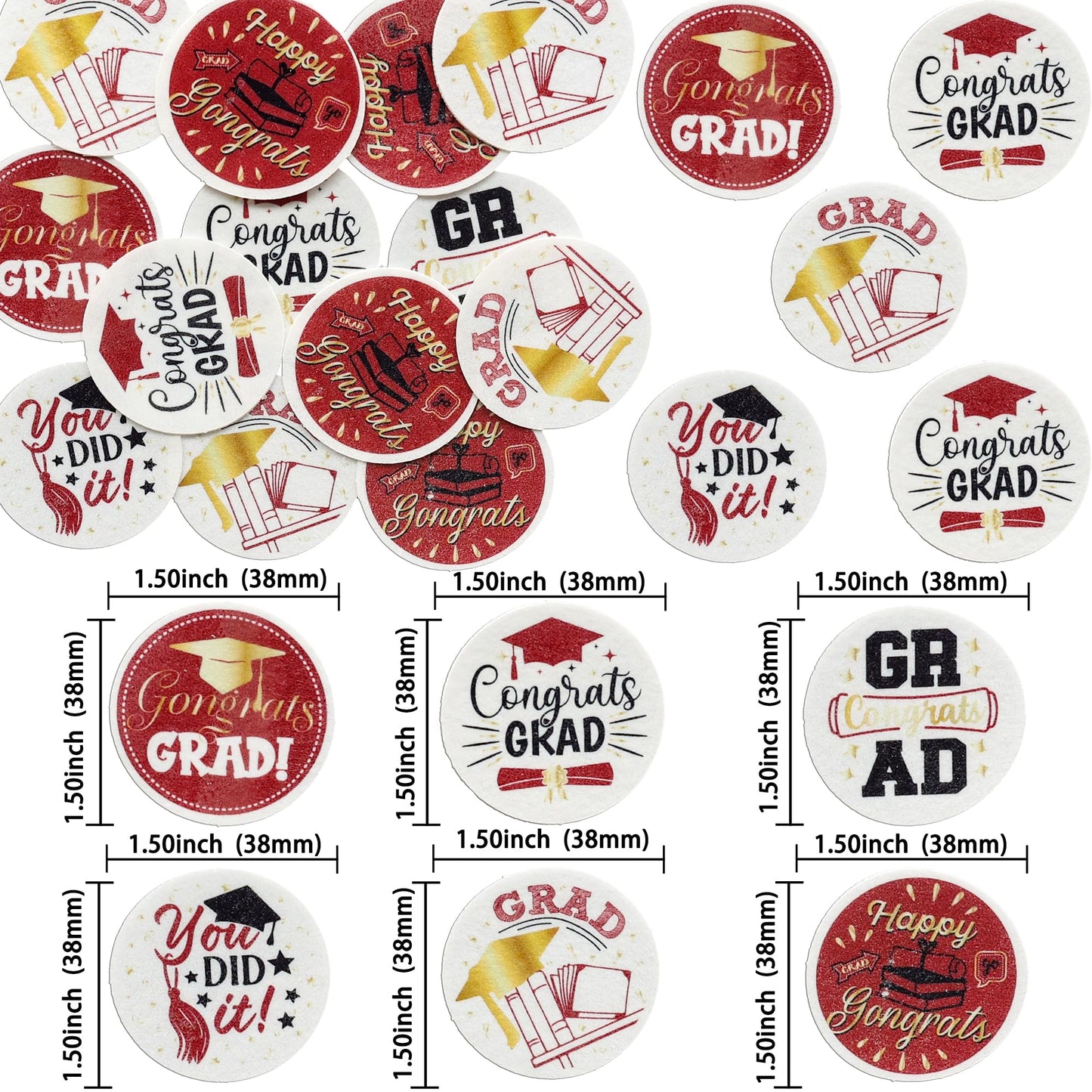 Ephlyn 54Pcs Graduation Cupcake Toppers Wafer Paper Red Grad Caps 1.8cm