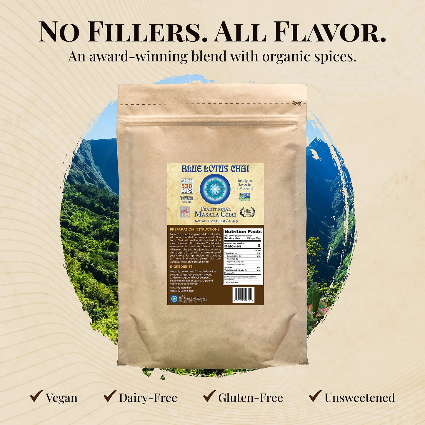 Blue Lotus Chai - Traditional Masala Chai - Makes 530 Cups - 1 Pound Bulk Bag Masala Spiced Chai Powder With Organic Spices - In