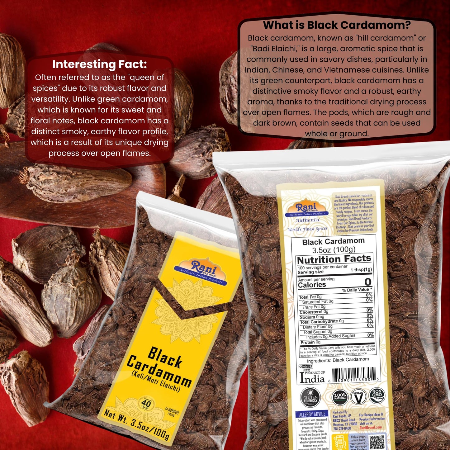 Rani Black Cardamom Pods (Kali Elachi) Whole Indian Spice 3.5Oz (100G) ~ All Natural | Vegan | Gluten Friendly | Non-Gmo | Indian Origin ~ Smokey | Tsaoko | Cao Guo | Bach Dan Khau | Badi