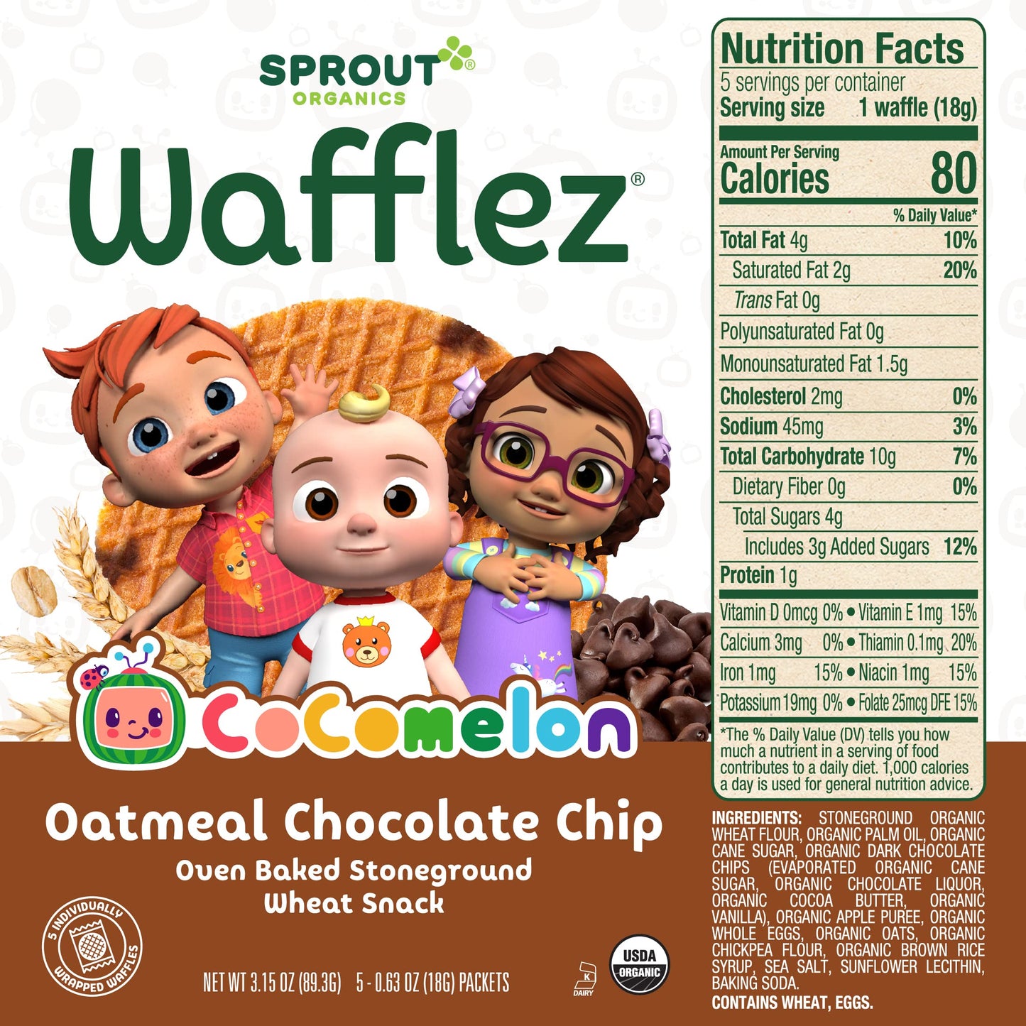 Cocomelon Sprout Organic Baby Food Toddler Snacks, Oatmeal Chocolate Chip Wafflez, 50 Single Serve Waffles