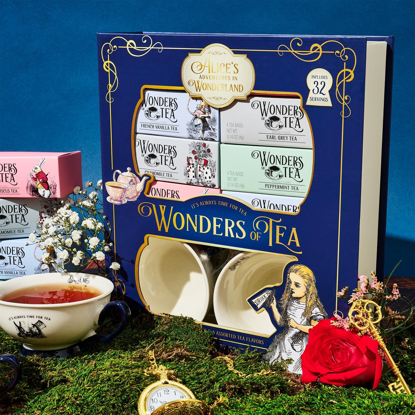 Alice’S Adventures In Wonderland Tea Assortment Gift Set, Includes 2 Ceramic Cups And 32 Tea Bags Of Herbal, Black, And Green Tea In Whimsical Book-Shaped Packaging, Set Of 34
