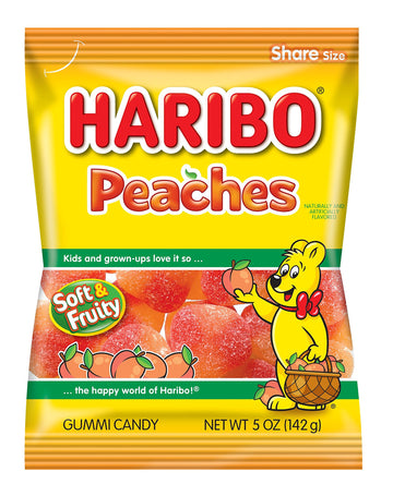 Haribo Gummi Candy, Peaches Gummy Candy, 5 Ounce Share Size Bags (Pack Of 12) Delicious Soft & Chewy Sweet Snacks, Fruity Peach Flavor