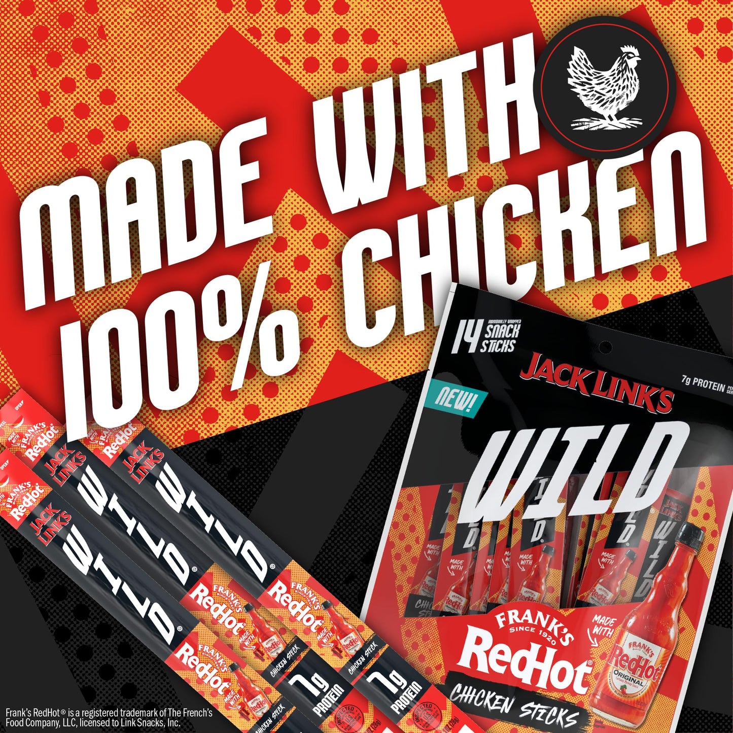 Jack Link's Wild Mini Chicken Sticks, Frank's RedHot Flavor, 7g Protein, 0.5 Oz (14 Count), Keto & Paleo Friendly, On-The-Go Snack
