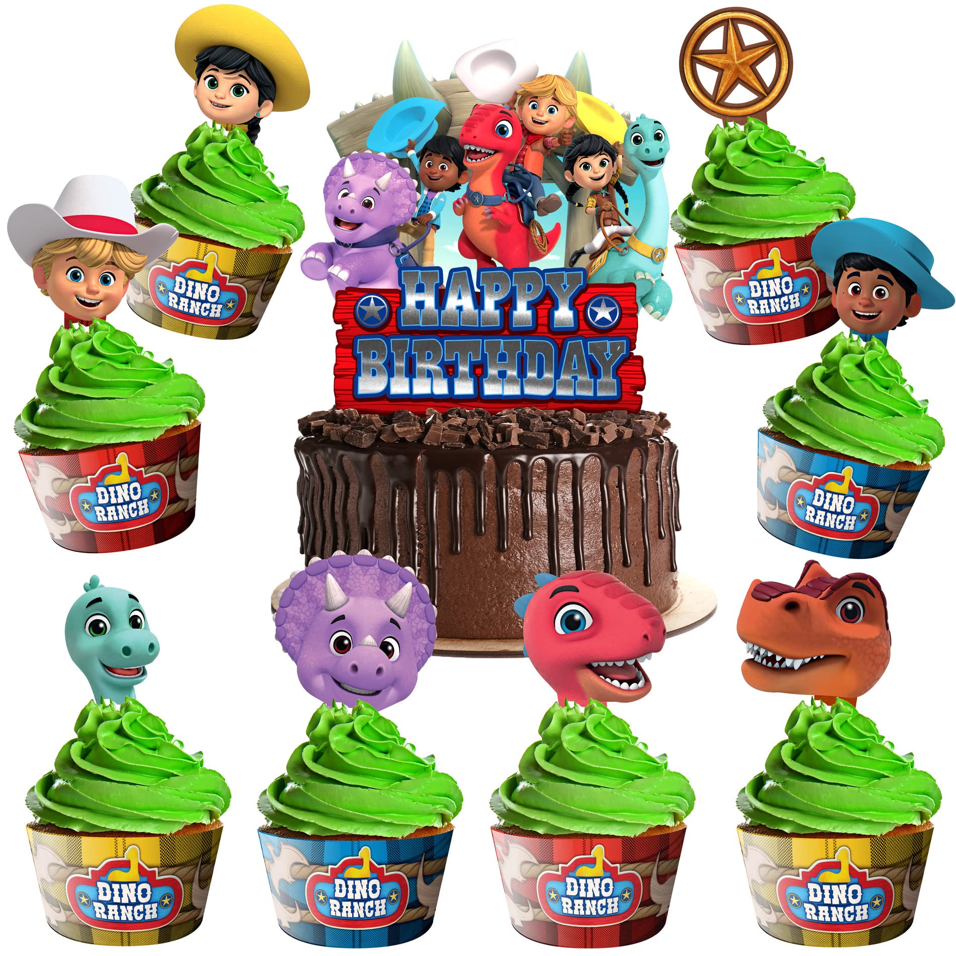Treasures Gifted Dino Ranch Birthday Decorations - Cake Topper Set with Cupcake Toppers & Wrappers - Dino Ranch Themed