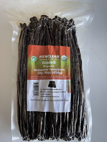 1 Lb Organic Madagascar Vanilla Beans Grade B. Certified USDA Organic 6''-7'' by FITNCLEAN VANILLA. 16 oz Whole NON-GMO Bourbon 