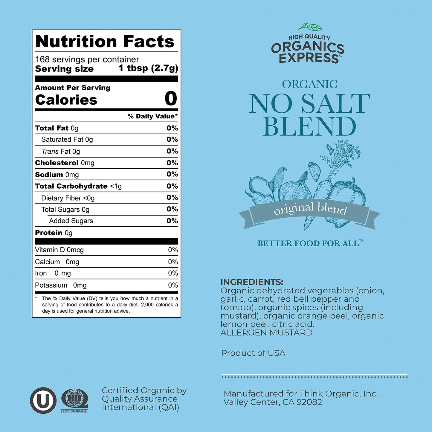 HqO No Salt All Purpose Organic Seasoning, 100% Sodium Free, Non-GMO, Kosher, 16 Oz - Ideal for Vegetables, Chicken, Fish, and More