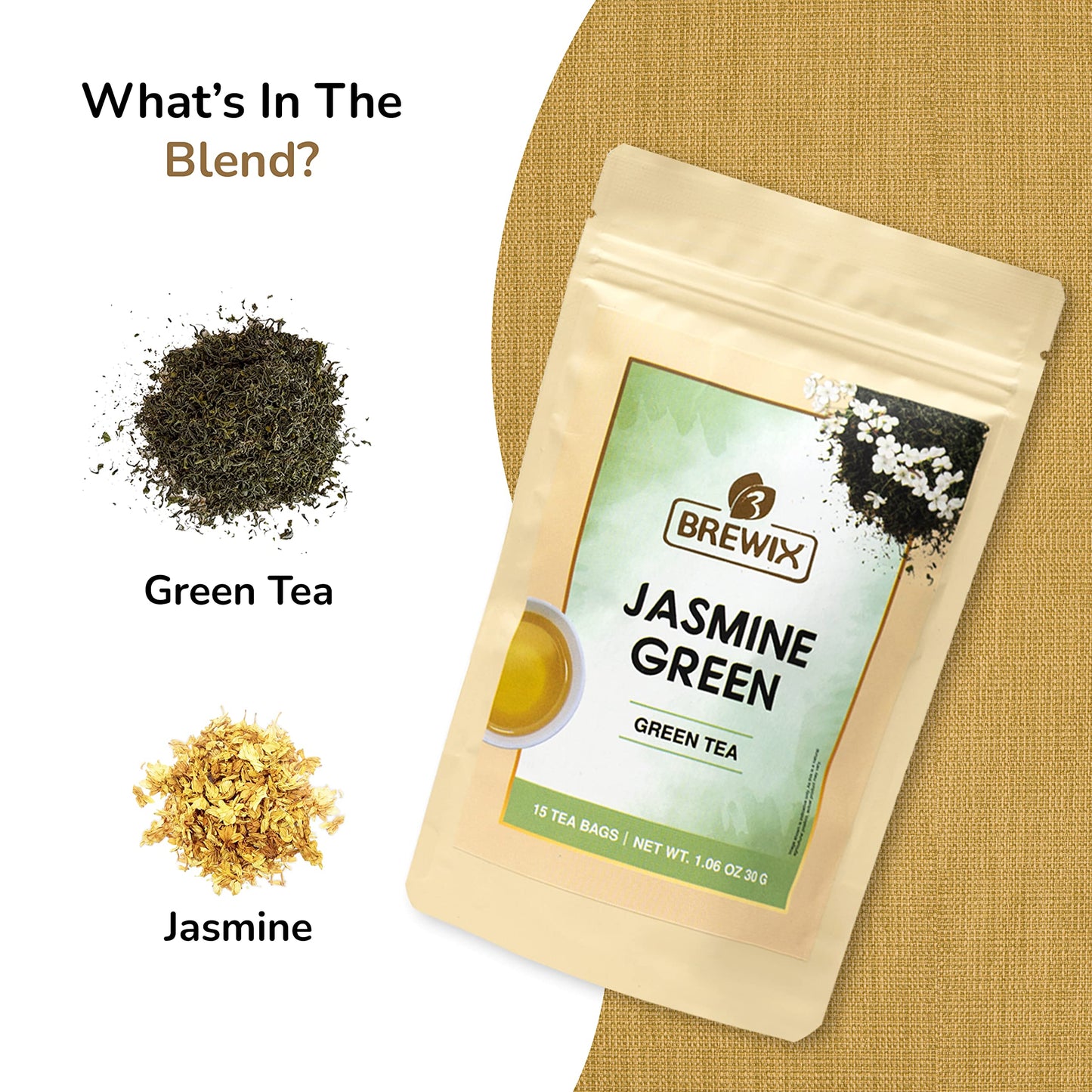 Brewix, Jasmine Green Tea (15 Pyramid Tea Bags) | Jasmine Tea Bags, Floral Aroma & Taste | High Grown Green Tea From Darjeeling