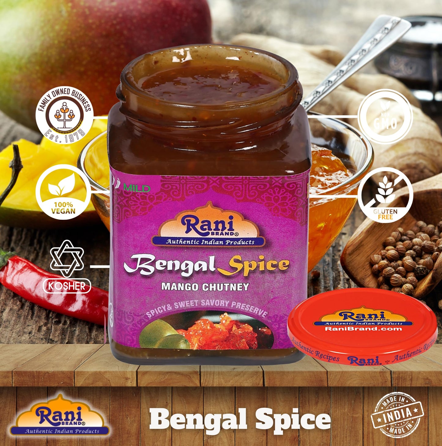 Rani Bengal Spice Mango Chutney, Vegan, Gluten Free, 10.5oz Glass Jar