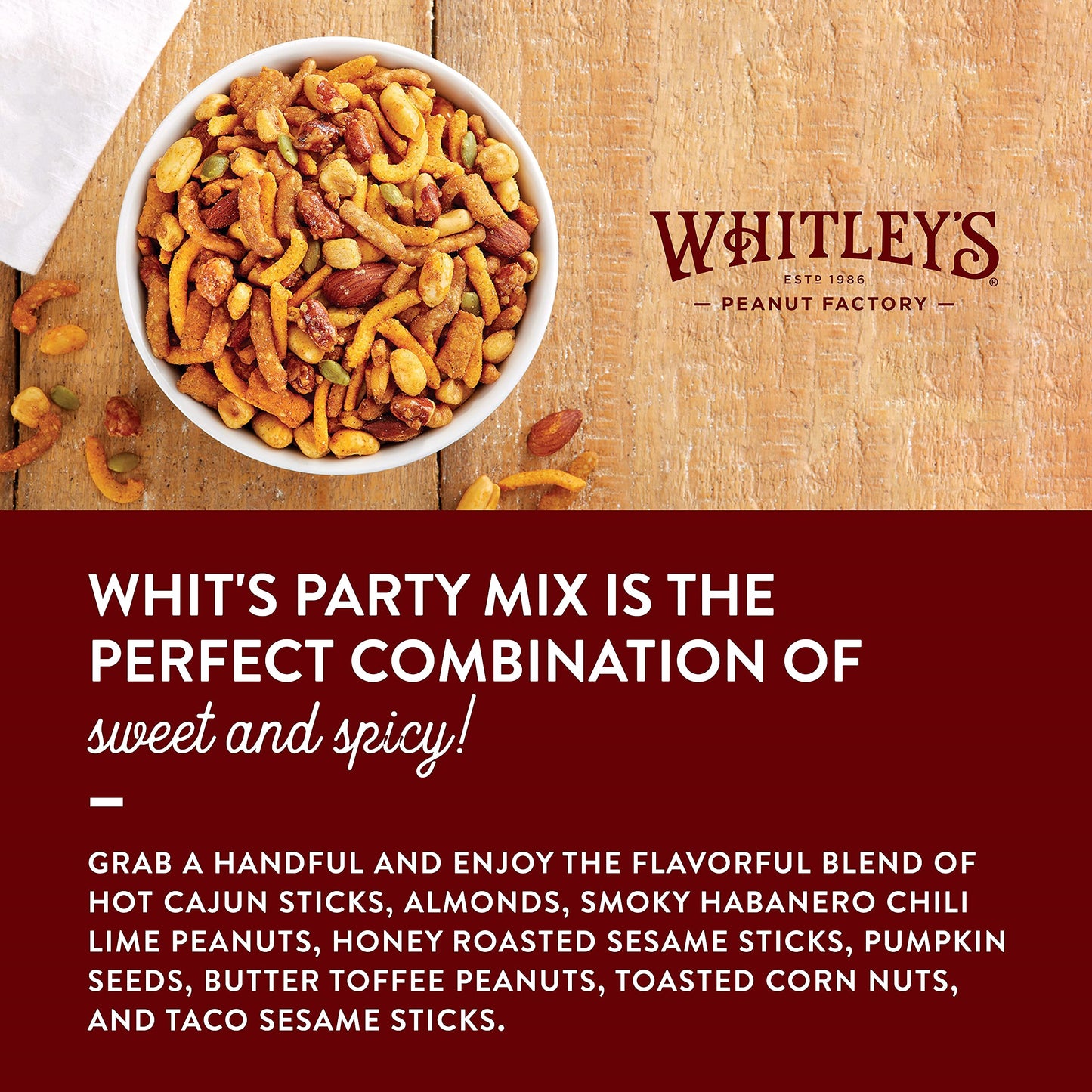 Whitleys 'Whit'S Party Mix' - Sweet & Spicy Snack Mix, Sesame Sticks, Corn Nuts, Cajun Sticks & Nuts (18 Ounce Tin)