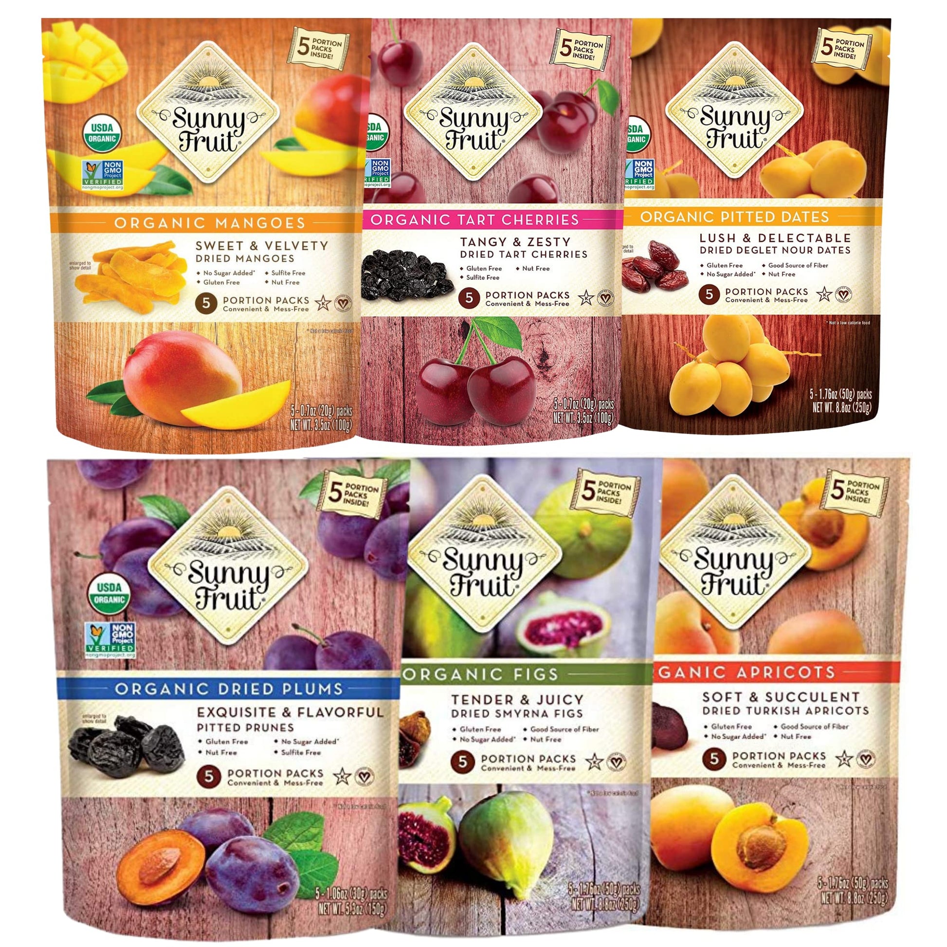 SUNNY FRUIT Organic Dried Fruit Assortment - Figs, Apricots, Dates, Mango, Cherries & Prunes, 30 Packs (1.76 oz each), NON-G