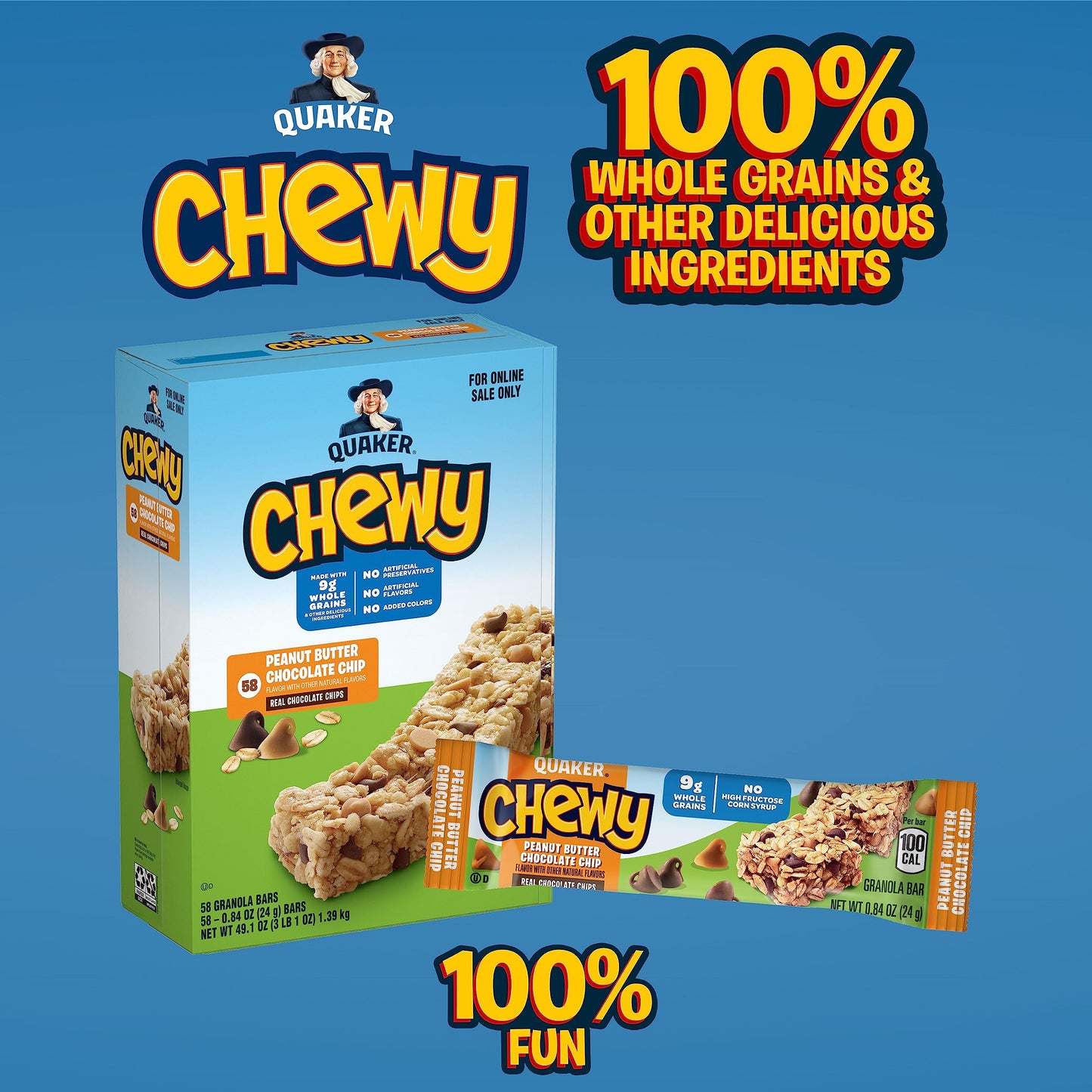 Quaker Chewy Granola Bars, Peanut Butter Chocolate Chip, 58 Count