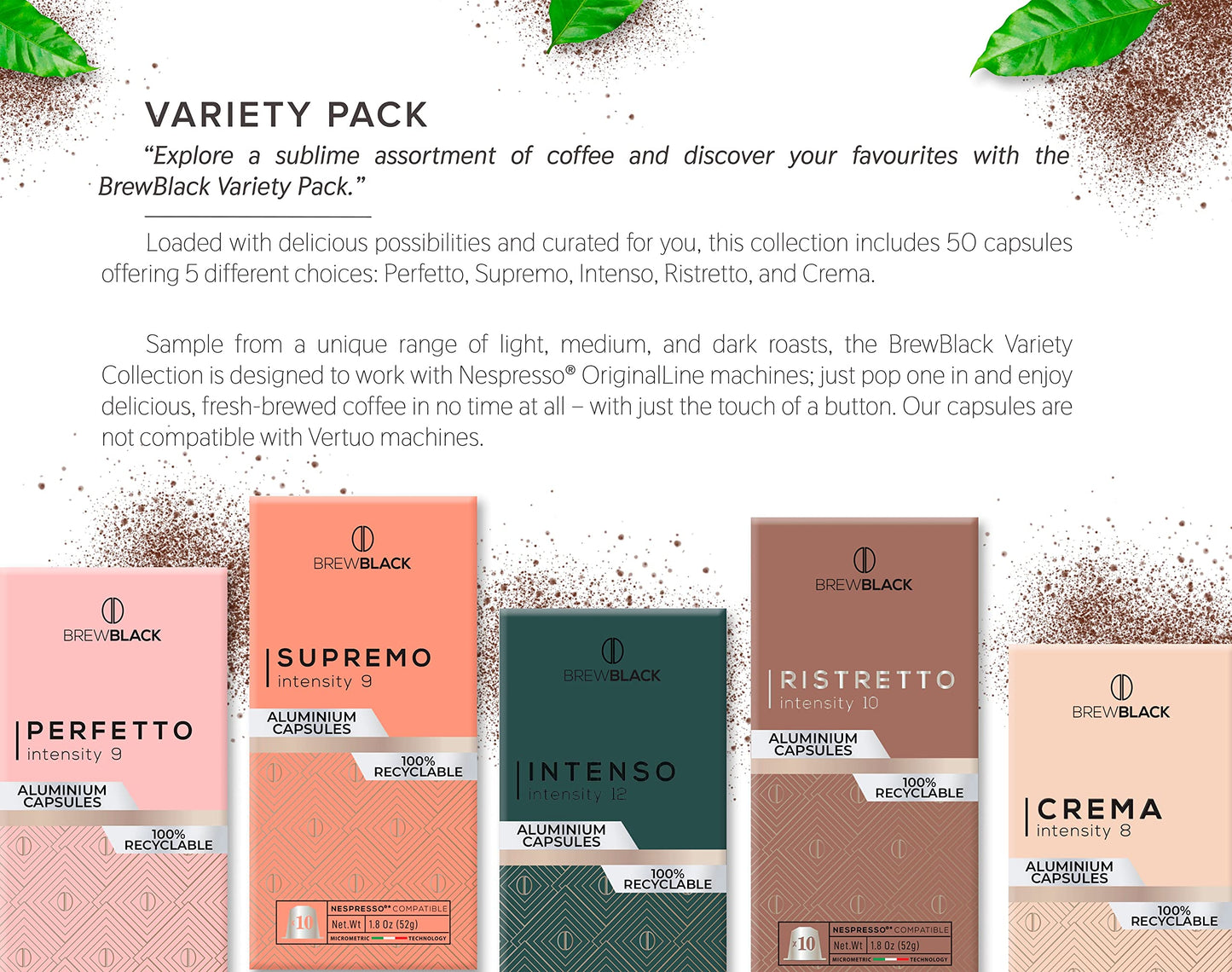 BREWBLACK BrewBlack Variety Pack Coffee compact pieces - 100 Aluminum Pods, Medium & Dark Roast, Compatible with Nespresso Original, 10 Count