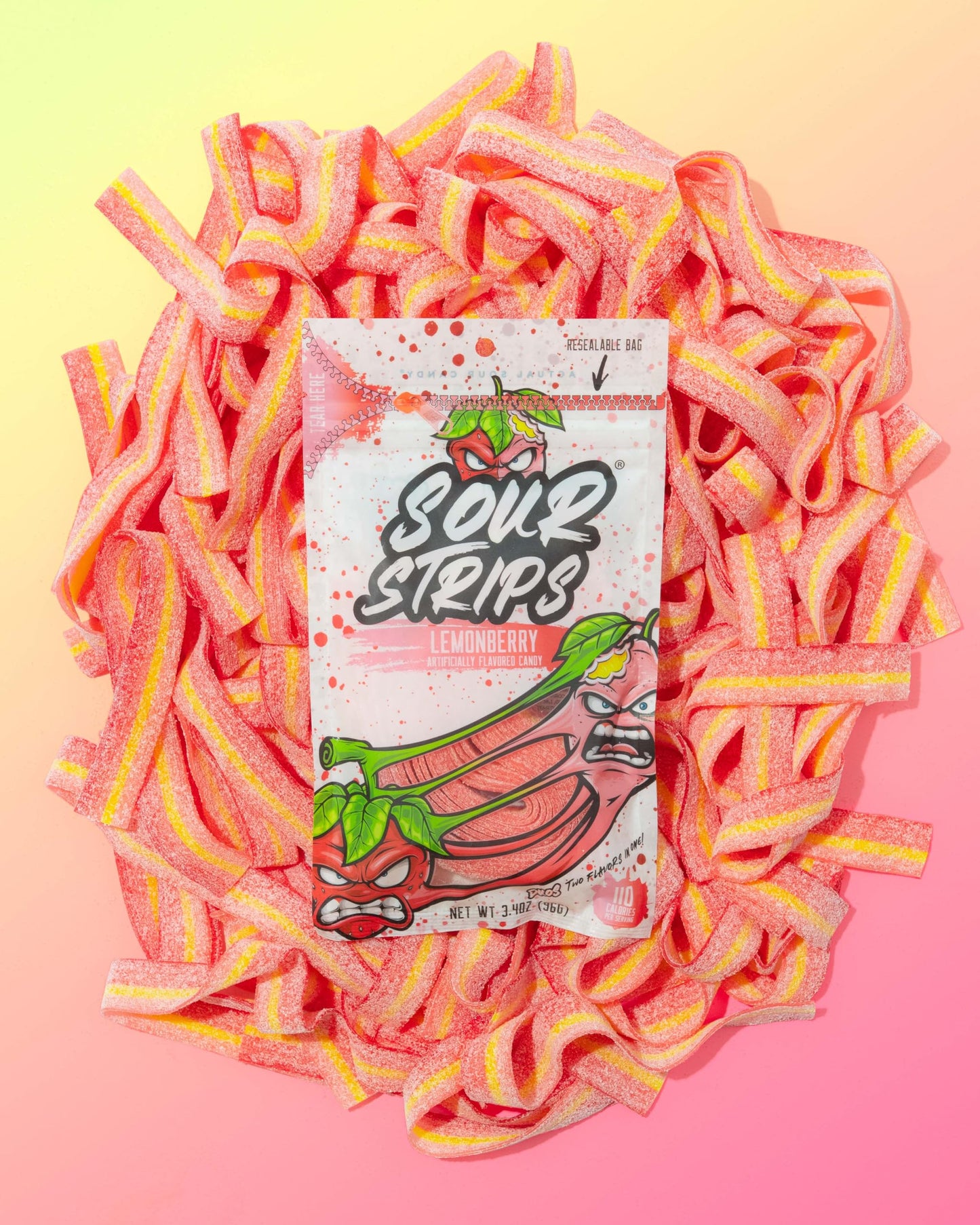 Sour Strips Sour Candy Belts, Lemonberry, Resealable Candy Bags, 3.4 Ounce (Pack of 3)