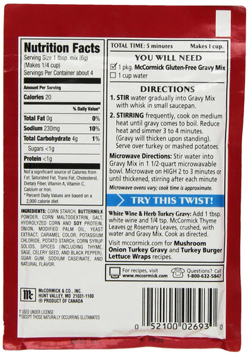 McCormick Gluten Free Turkey Gravy Mix (4 Pack) .88 oz Packets