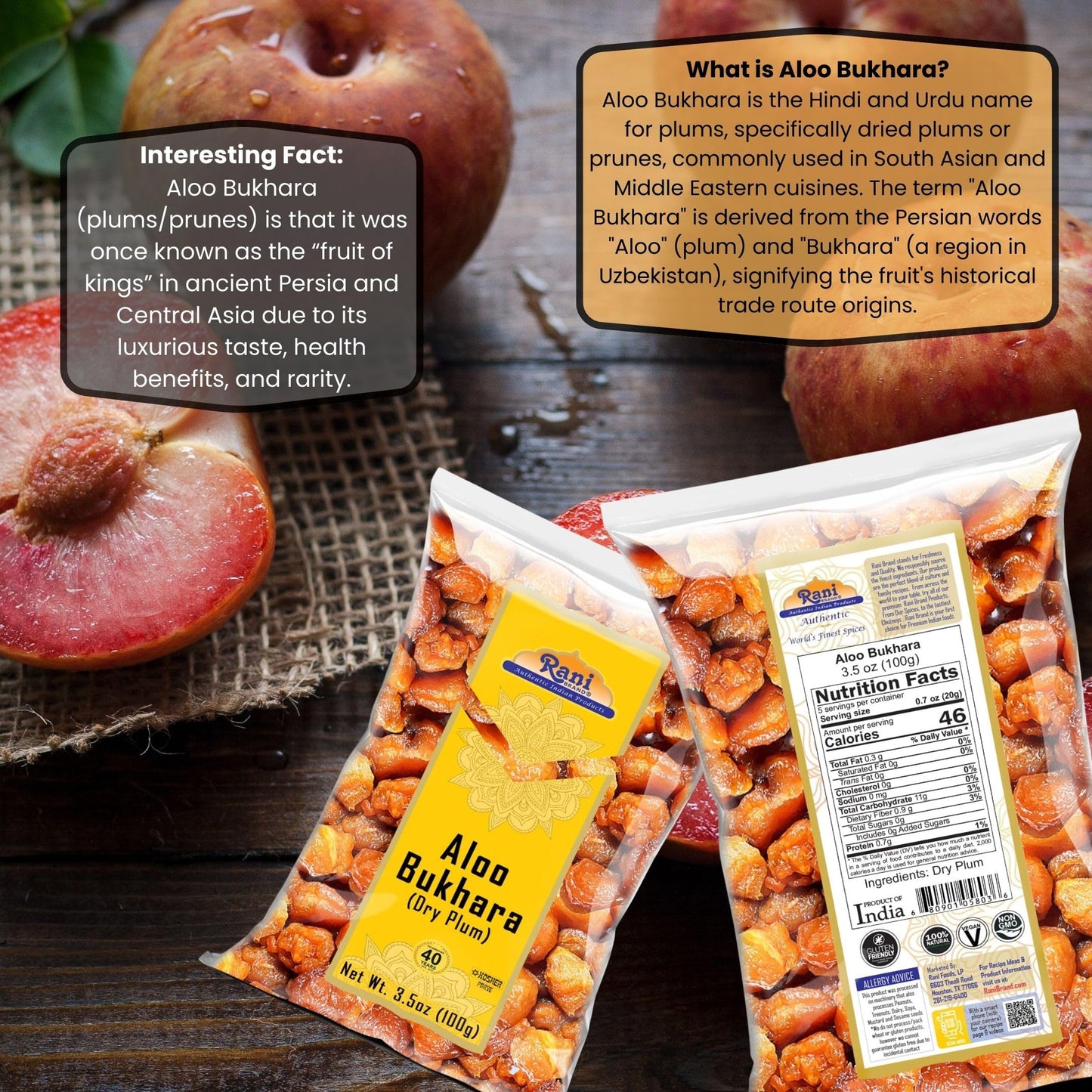 Rani Aloo Bukhara Dry Plum 3.5oz - All Natural, Salt Free, Vegan, Gluten Friendly, NON-GMO, Kosher, Indian Origin