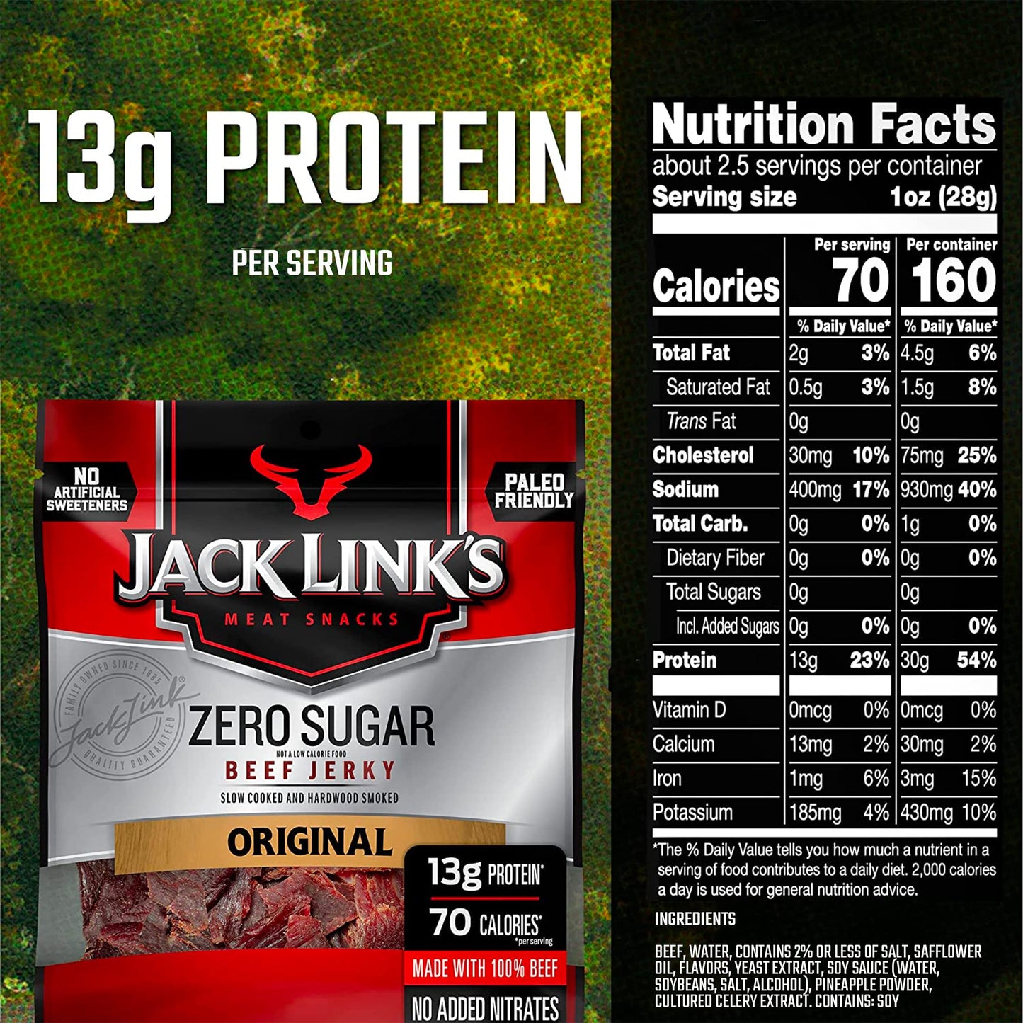 Jack Link'S Beef Jerky, Original, Zero Sugar - Flavorful Meat Snacks, Ready To Eat Protein Snacks With 13G Of Protein Per Servin