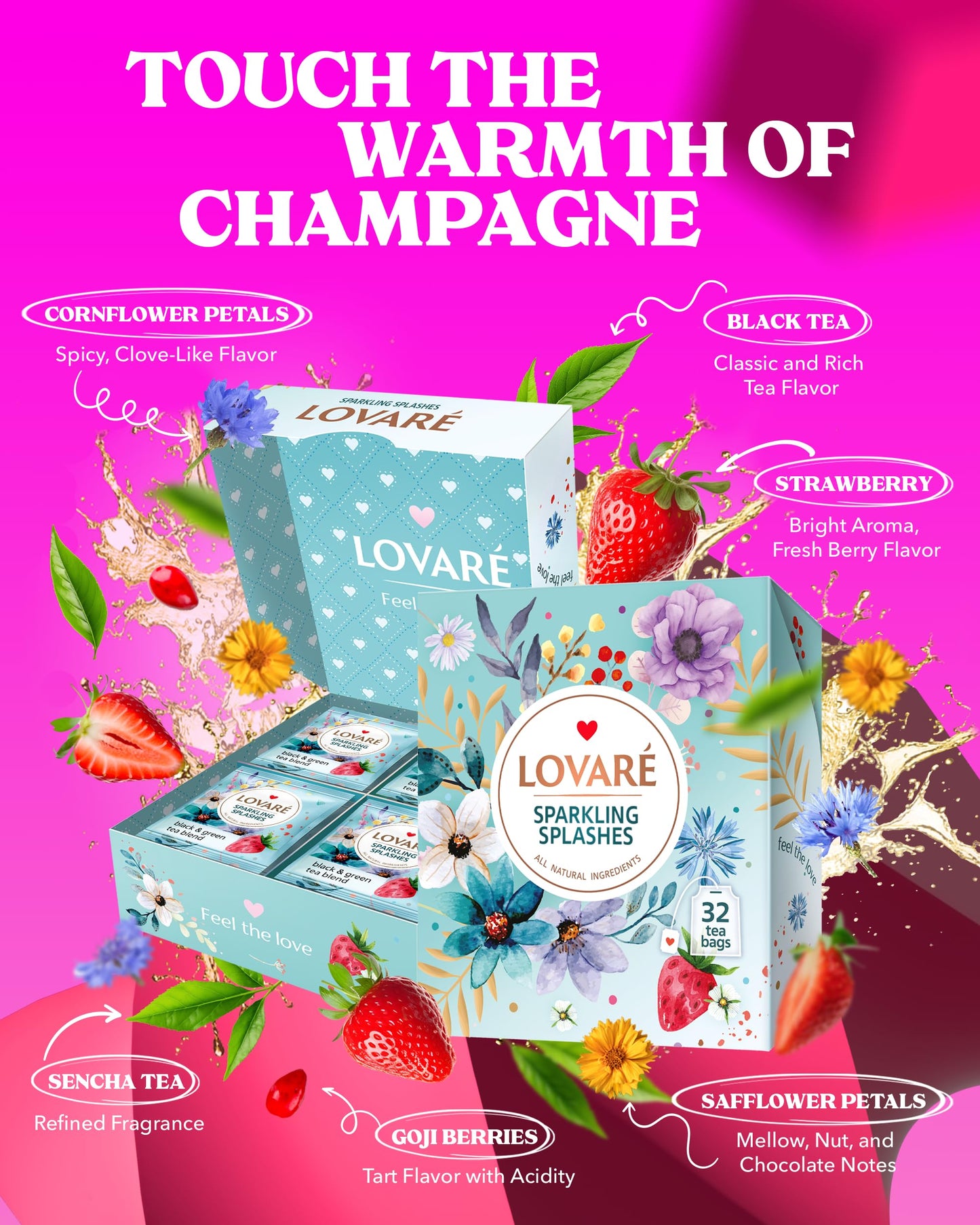 LOVARE Sparkling Splashes Tea Bags, Classic Black & Sencha Green Blend, 32 Individually Wrapped Bags, 64g Gift Box Set