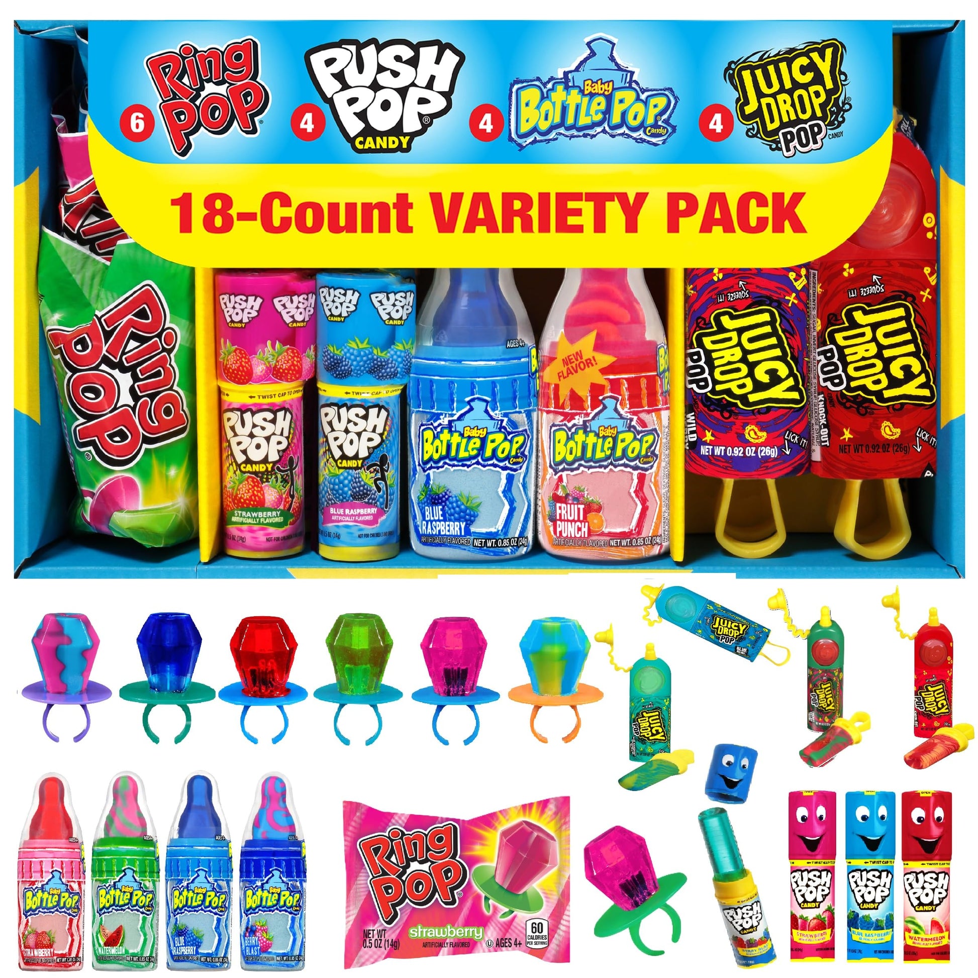 Candy Variety Pack - 18 Count Assorted Lollipops - Ring Pop, Push Pop, Baby Bottle Pop & Juicy Drop - Ideal for Birthdays, Party