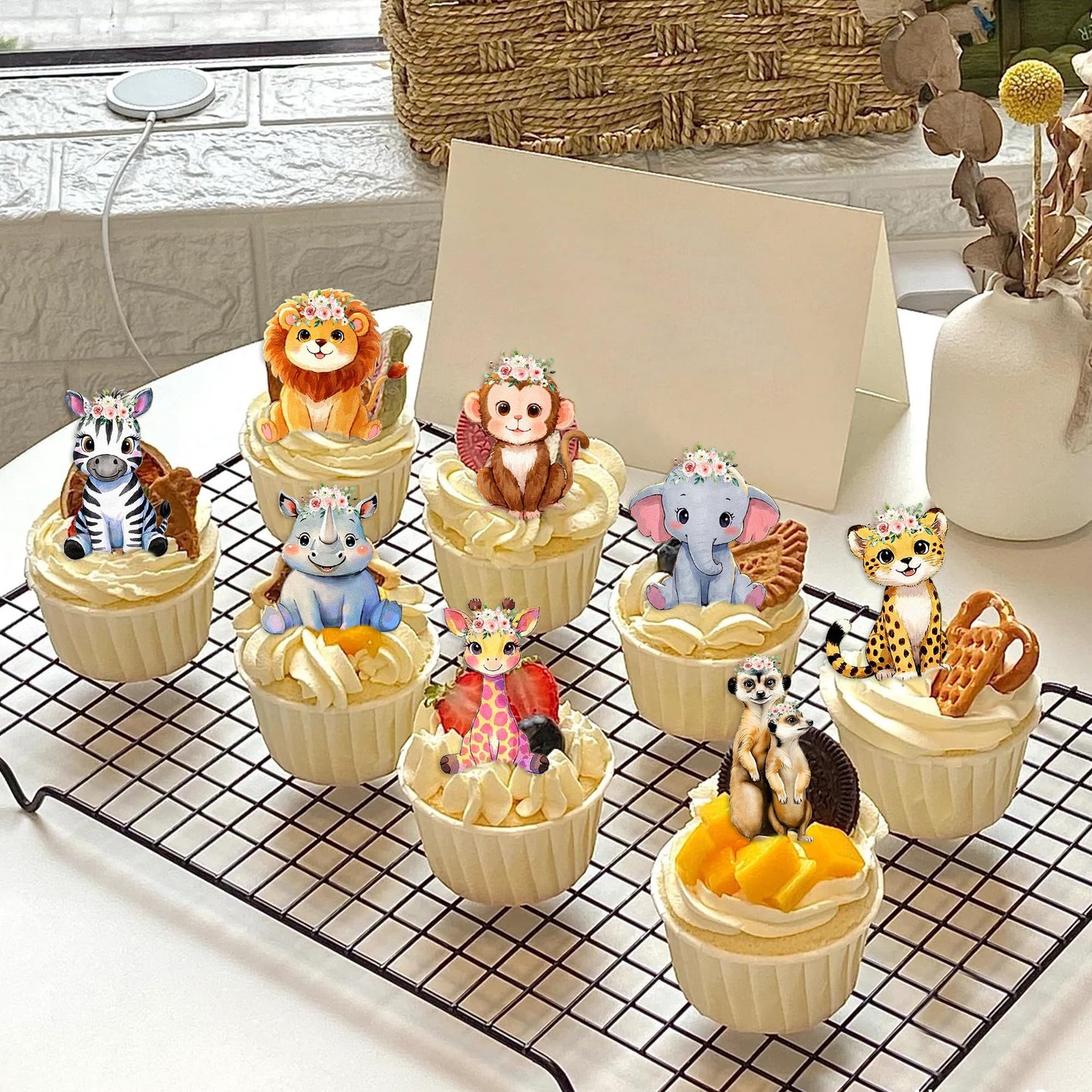 40Pcs Edible Floral Jungle Safari Animal Cupcake Toppers Wafer Paper Safari Animal Theme Cake Toppers Decoration For Animal Drin