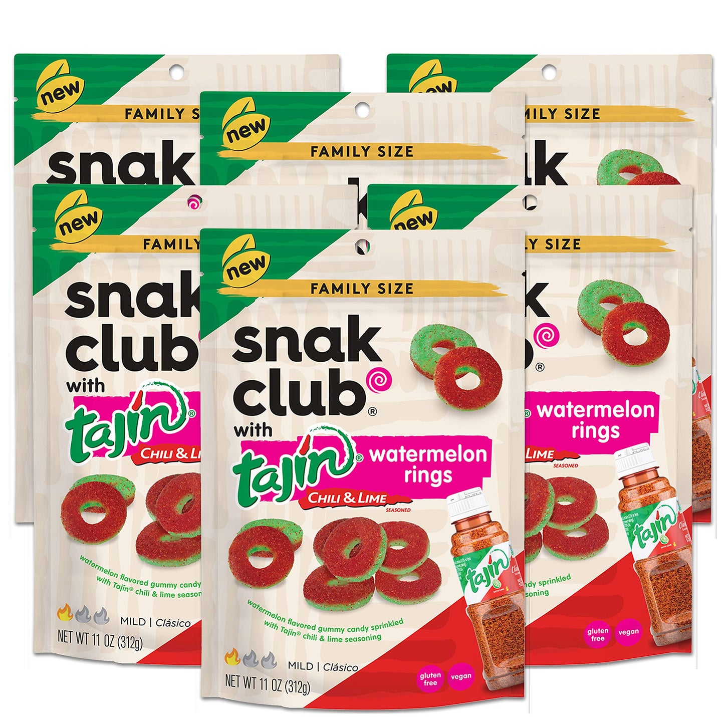 Snak Club Tajin Watermelon Rings, Chili & Lime Sweet Spicy Gummy Snacks, Mild in Heat Bold in Flavor, Gluten-Free Snack, 11oz Re