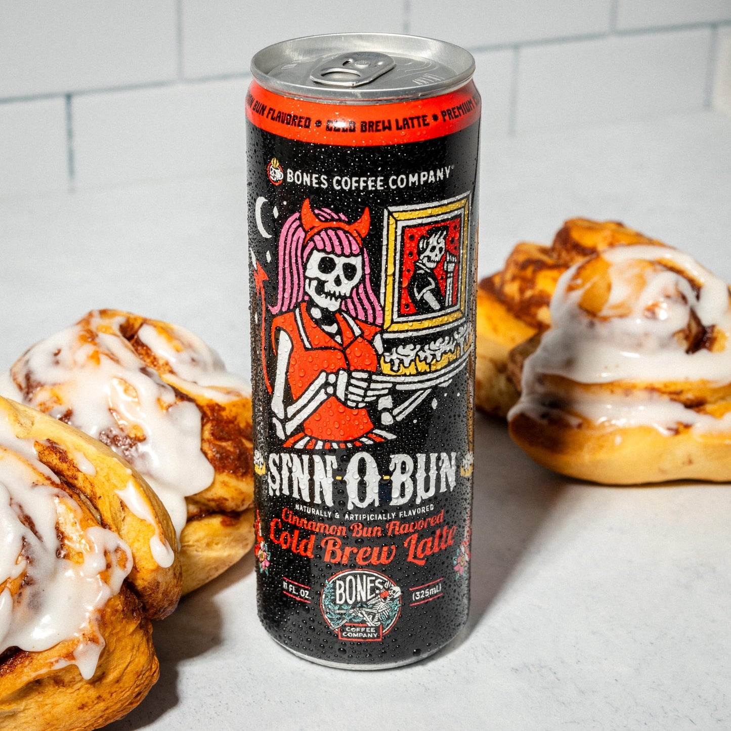 Bones Coffee Company Sinn 'O' Bunn Cinnamon Rolls Flavored Cold Brew Latte, Medium Roast Iced Coffee In Can,Ready To Drink, 11 F