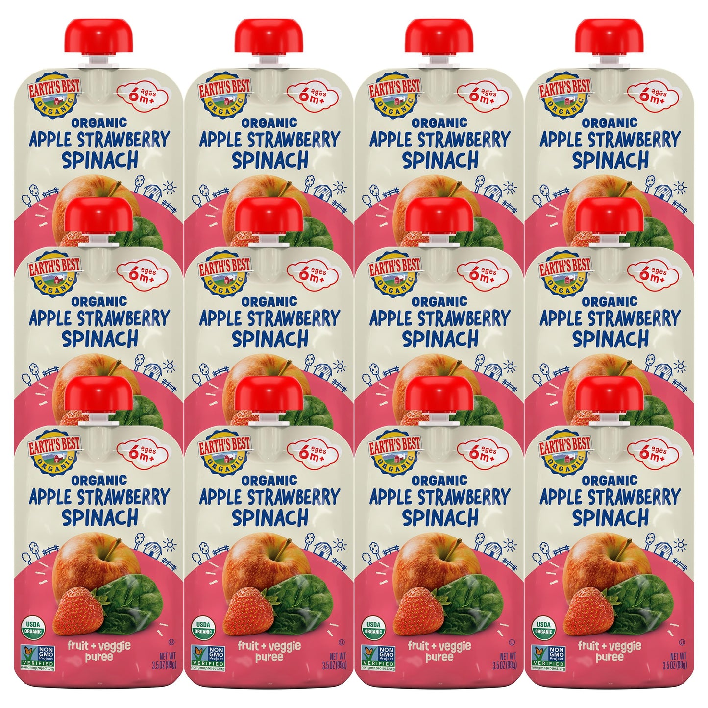 Earth'S Best Organic Apple Strawberry Spinach Pouch, 3.5 Oz (Pack Of 12)