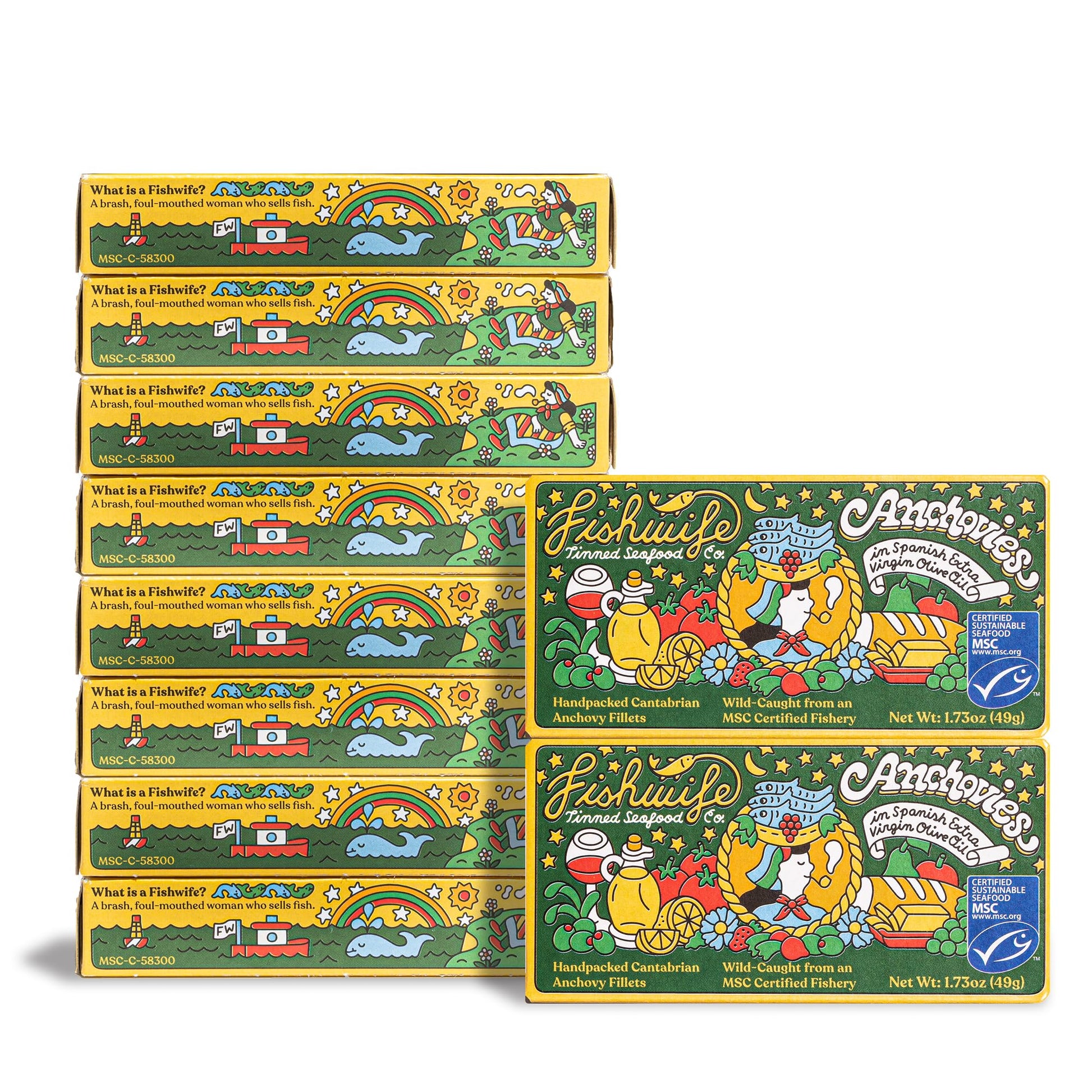 Fishwife Cantabrian Anchovies 10-Pack (1.73 Ounce) | Wild-Caught & Hand-Packed with Spanish Extra Virgin Olive Oil | MSC-Certifi