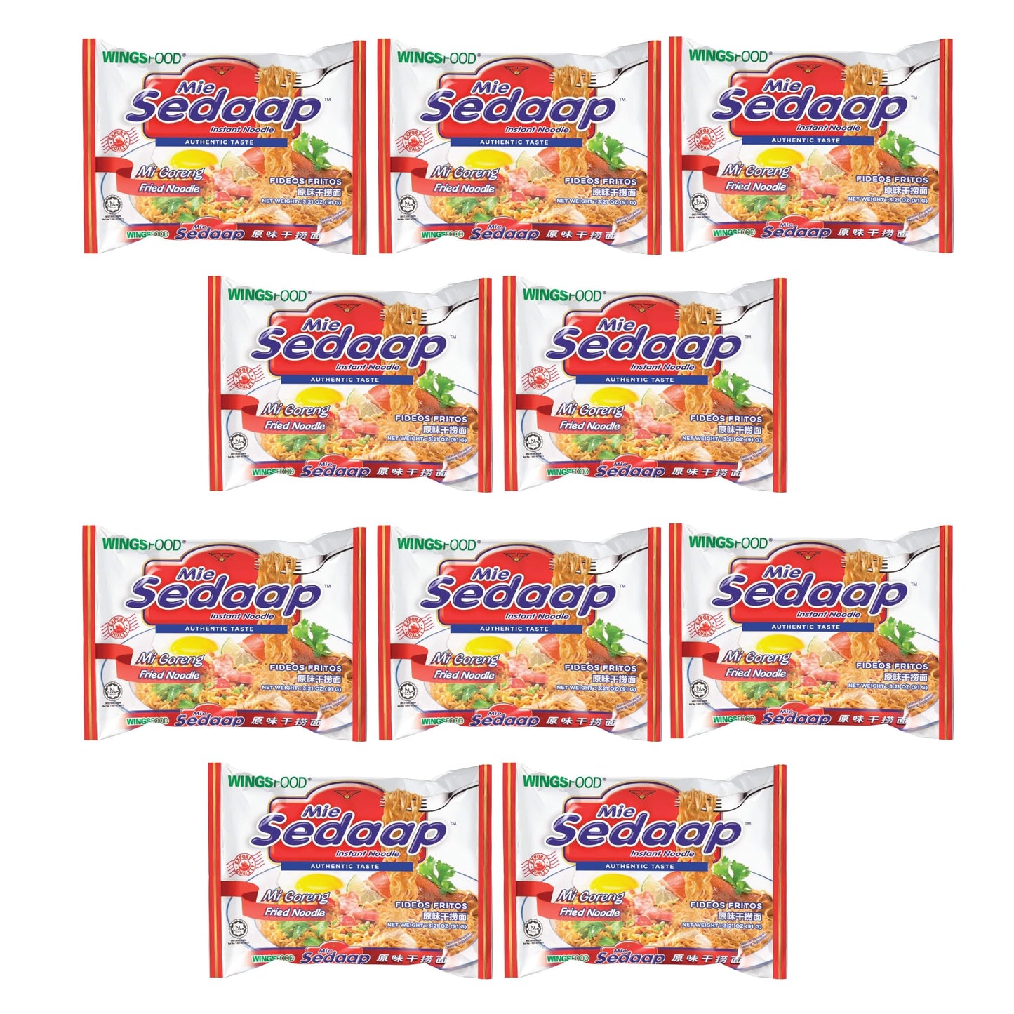 Wingsfood Sedaap Instant Noodles, Mie Goreng Flavor, Halal Certified, Pack of 10, 3 OZ