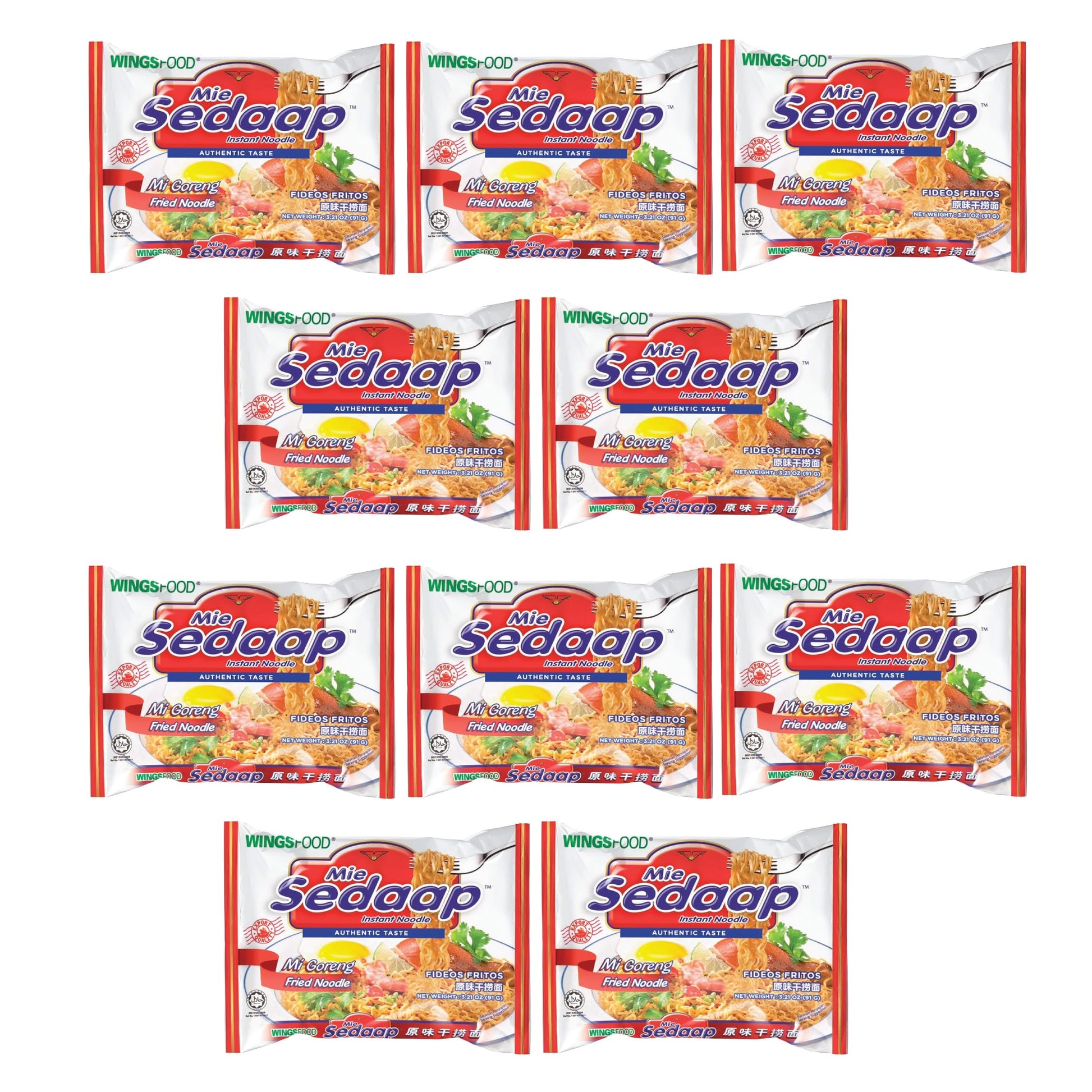 Wingsfood Sedaap Instant Noodles, Mie Goreng Flavor, Halal Certified, Pack of 10, 3 OZ