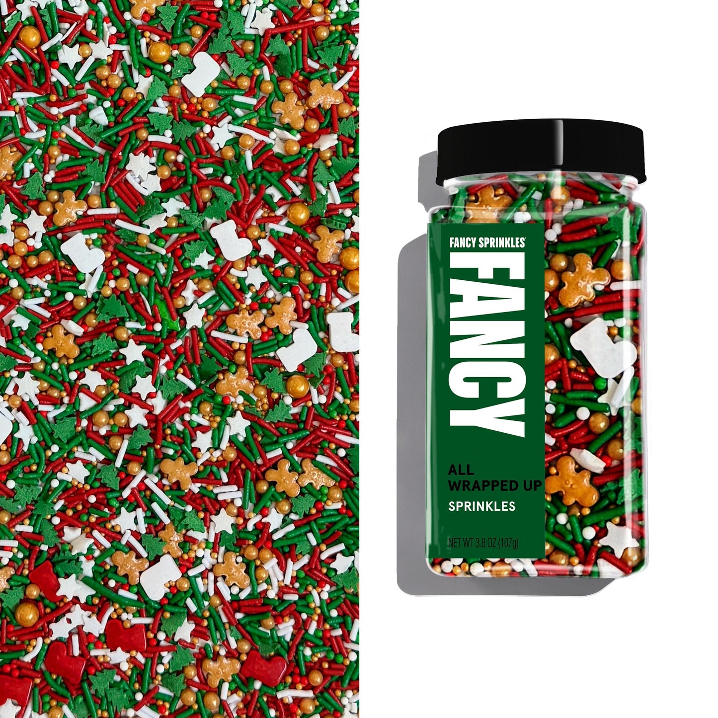 Fancy Sprinkles Limited Edition Holiday All Wrapped Up Red and Green Crunchy Sprinkles (Fancys signature inclusion)  Christmas Tree Shapes  White Stars  Nonpareils  Gingerbread Men and Stocking Shapes (0.5c)
