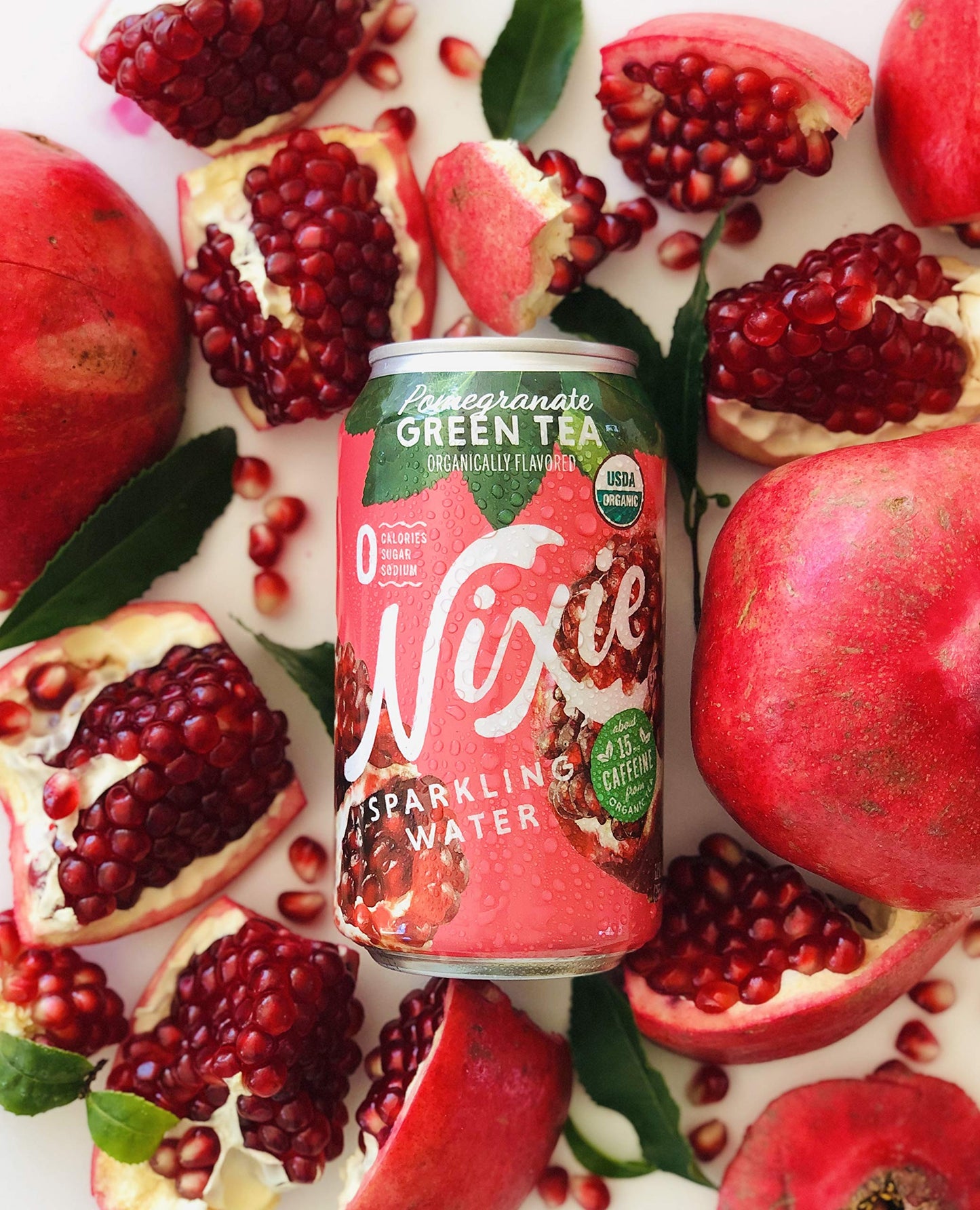 Nixie Sparkling Water, Pomegranate Green Tea, Lightly Caffeinated (15mg) | 12 fl oz cans, 24 pack | Organic, Vegan, Non-GMO, Glu