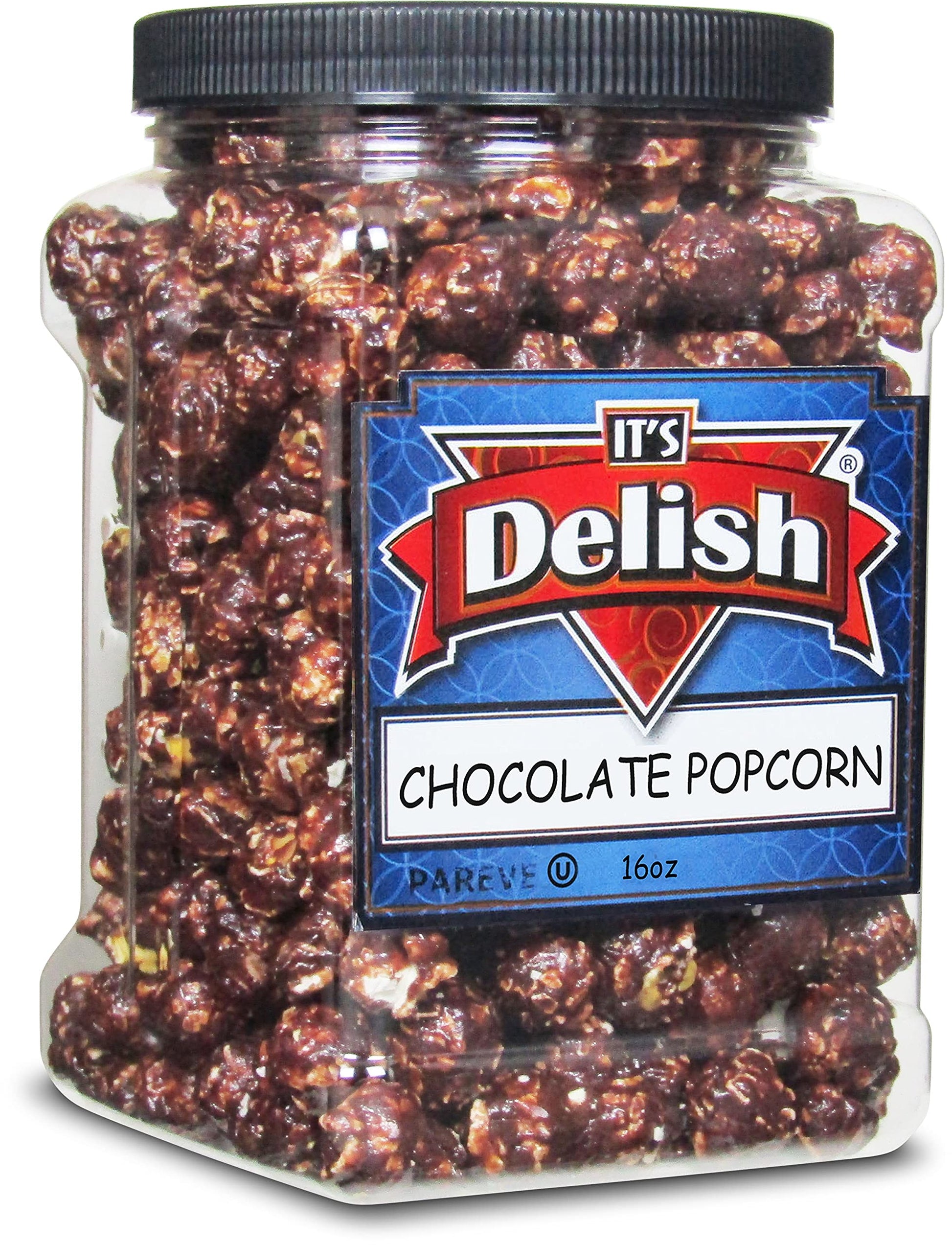 Gourmet Chocolate Popcorn by Its Delish, 16 OZ Jumbo Container - Festive Caramel Corn Air Popped Sweet and Crunchy Glazed Carmel