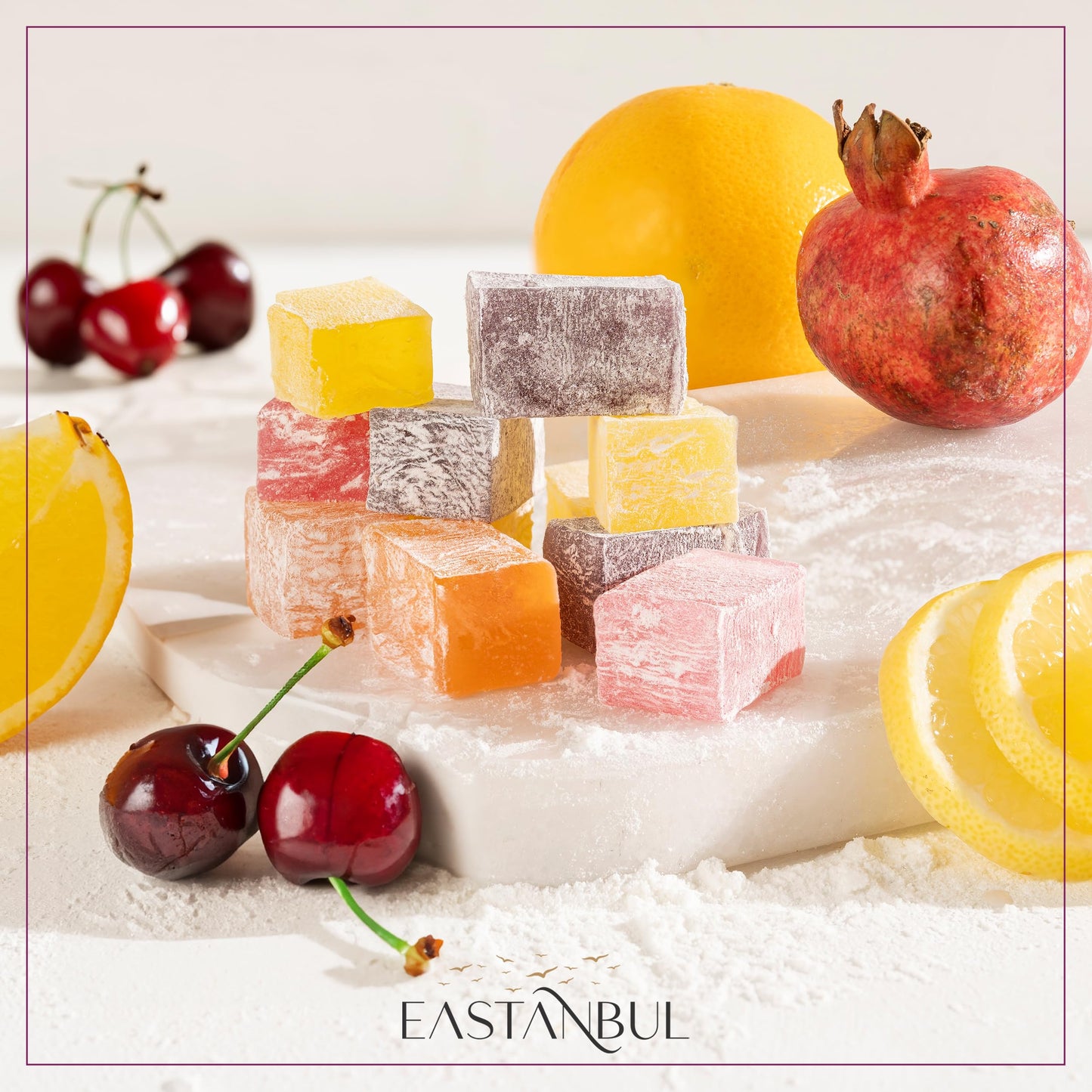 Eastanbul Turkish Delight Candy 21.2Oz, 4 Flavors Pomegranate, Orange, Tart Cherry, & Lemon Turkish Delights Assorted, Foreign C