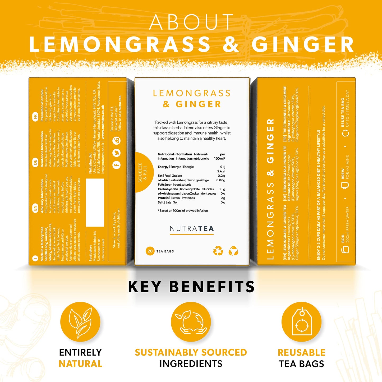 Nutra Tea - Lemongrass & Ginger Tea - 40 Tea Bags - Herbal Tea - (2 Pack)
