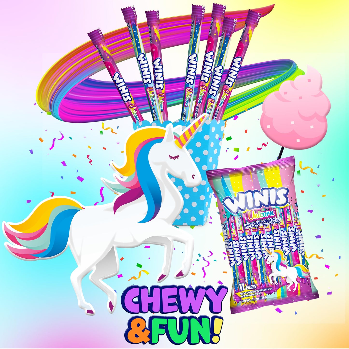 Winis Unicorn | Chewy Candy Swirl | Cotton-Candy Flavored | Sharing Size 4.3 Oz Bag - 11 Pieces | Gifts, Holiday, Parties, Concessions, Pantry, Non-Melting, Party