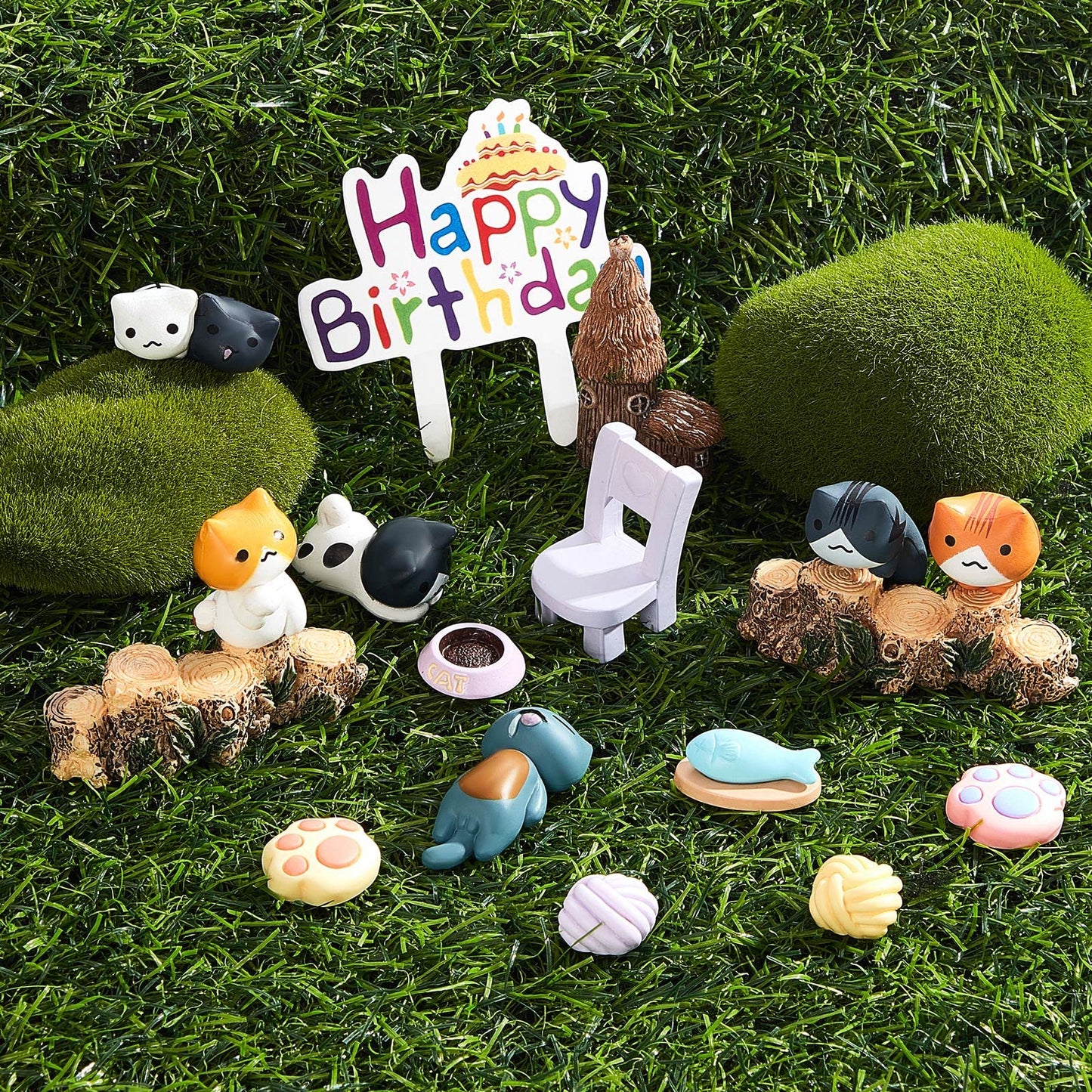 26 Pcs Cat Cake Topper Cute Cat Figurines Cat Happy Birthday Cake Topper Cat Paw Cake Toppers Cat Party Decoration Mini Cat Set