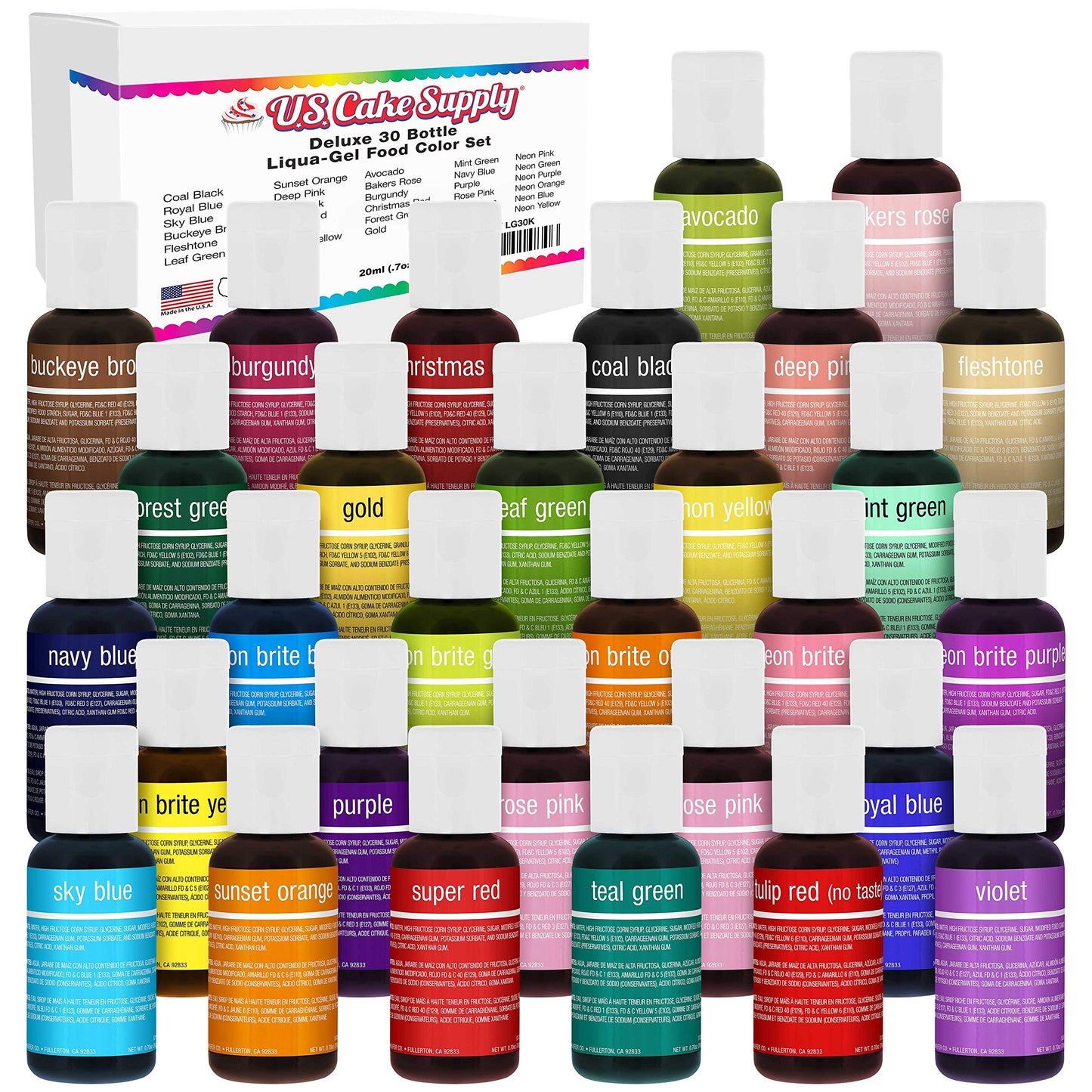 U.S. Cake Supply 30 Color Cake Food Coloring Liqua-Gel Set - 0.75 fl oz Bottles - Yellow, Blue, Green, Violet, Navy Blue, Golden, White