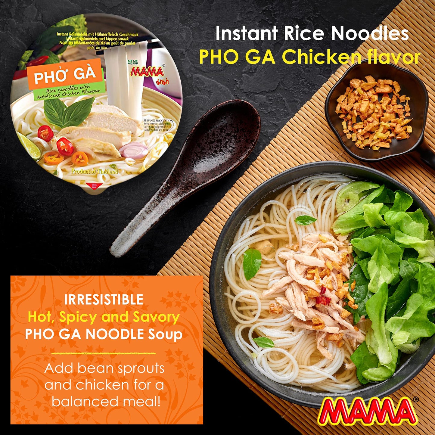 Mama Pho Ga Instant Chicken Soup Bowl Noodle In Vietnamese Style, Silky-Smooth, Chewy Rice Noodles With Piping Hot Aromatic Soup
