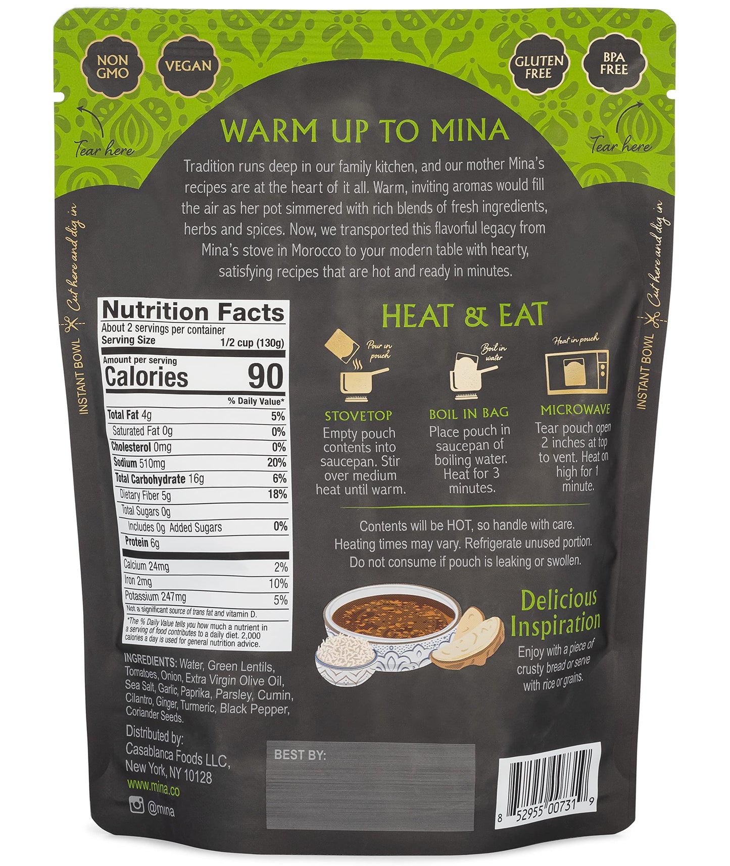 Mina Moroccan Lentils, Ready to Eat, Lentils High In Plant Based Protein, Vegan, Non-GMO, Gluten Free, Kosher, Microwavable, Pac