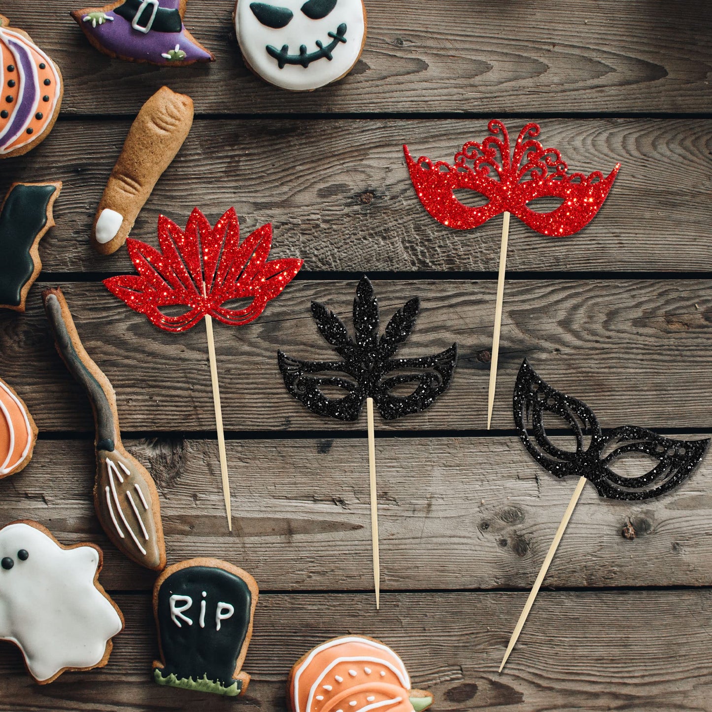 24Pcs Masquerade Masks Cupcake Toppers Black Red Glitter Mask Cupcake Picks For Masquerade Mardi Gras Party Baby Shower Birthday